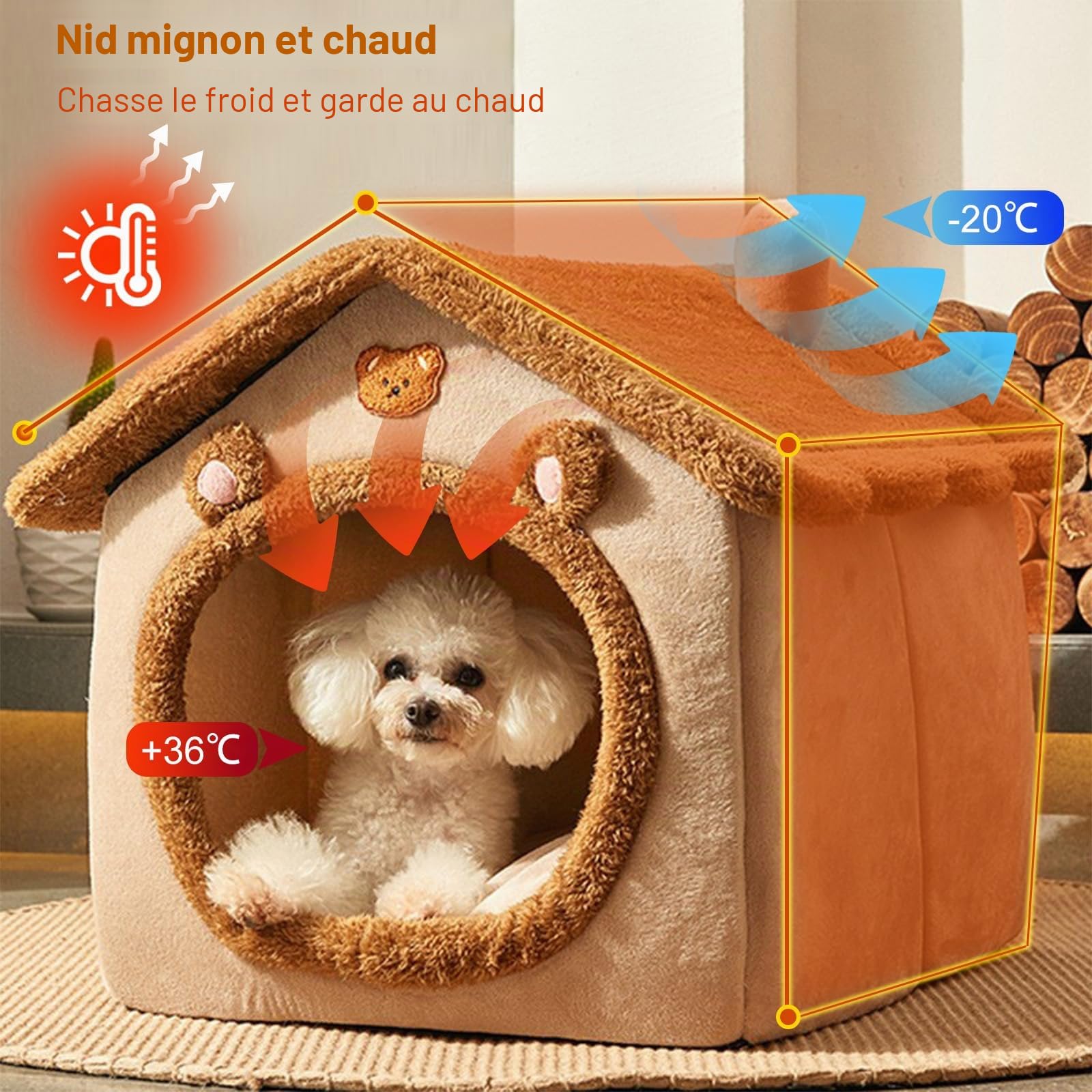 PETCUTE Niche Animaux de Compagnie Interieur,Lavable Lit De Grotte pour Chat,Panier Doux Chaud pour Chat Chien avec Fond Antidérapant,Maison Pliable pour Animal de Compagnie avec Lavable Oreiller