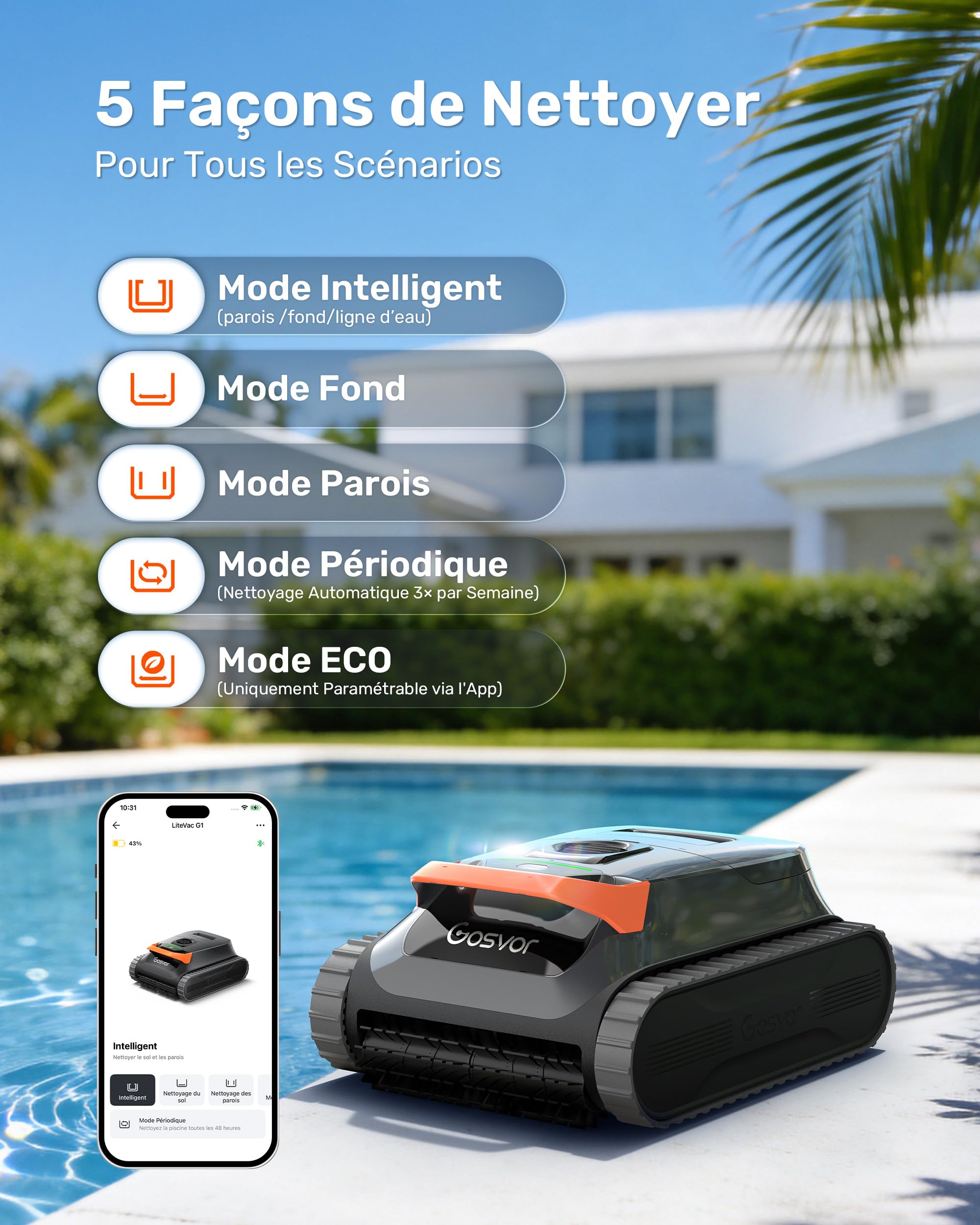 Gosvor LiteVac G1 Robot Piscine Fond et Parois, 6,9 kg Ultra Léger, Jusqu’à 200 Min d’Autonomie, Double Filtration, Navigation Intelligente & App, pour Piscines Jusqu’à 200 m², Orange