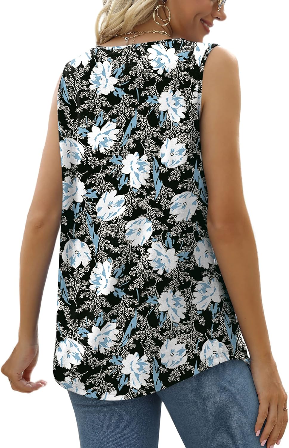 Saloogoe Summer Tank Tops for Women Loose Fit Pleated Square Neck Sleeveless Tops Curved Hem Flowy - Image 4