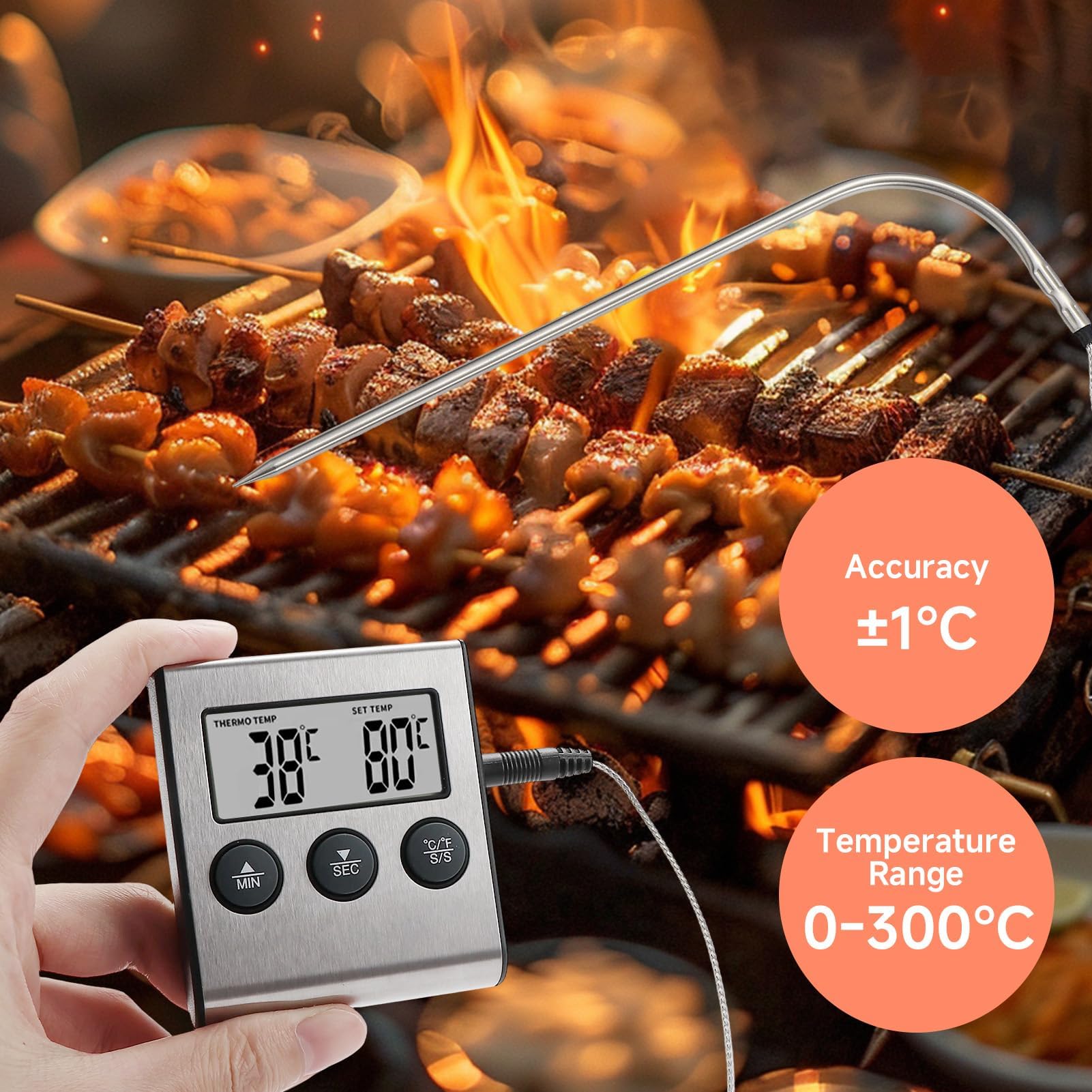 Termometro Cocina Digital Lectura Instantáneo, Meat Thermometer con 2 Sondas 100cm LCD Retroiluminada Alarma Sonora para Carne Horno Parrilla Freidora Aire Vino Cerveza Líquidos Aceite Barbacoa