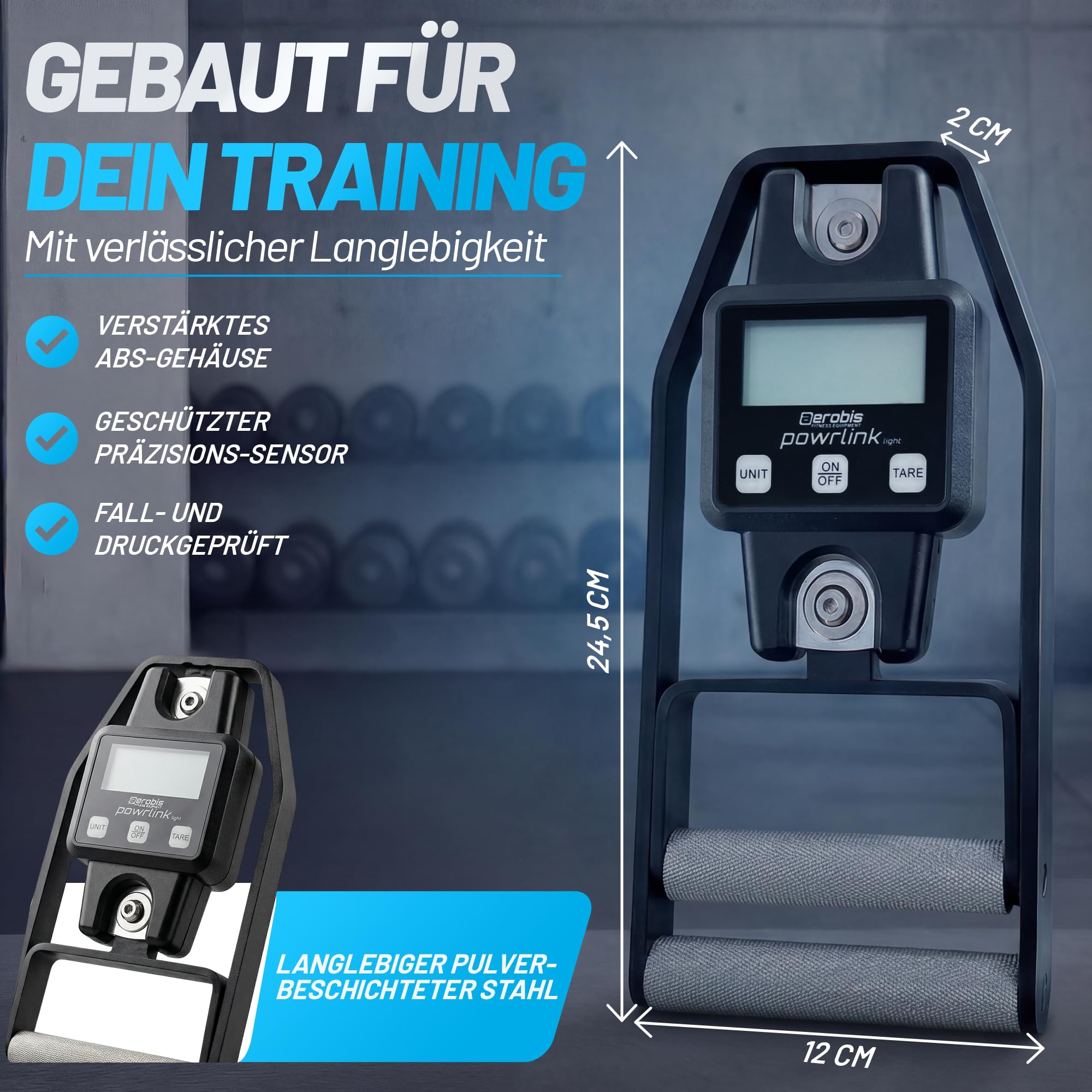 aerobis®  Powrlink  Griffkraftmesser - inkl. Live-Tracking App - hochpräziser Handdynamometer & Griffkraft‑Messgerät bis 300 kg - Digitale Griffkraftmessung für Sport, Fitness, Reha & Krafttraining