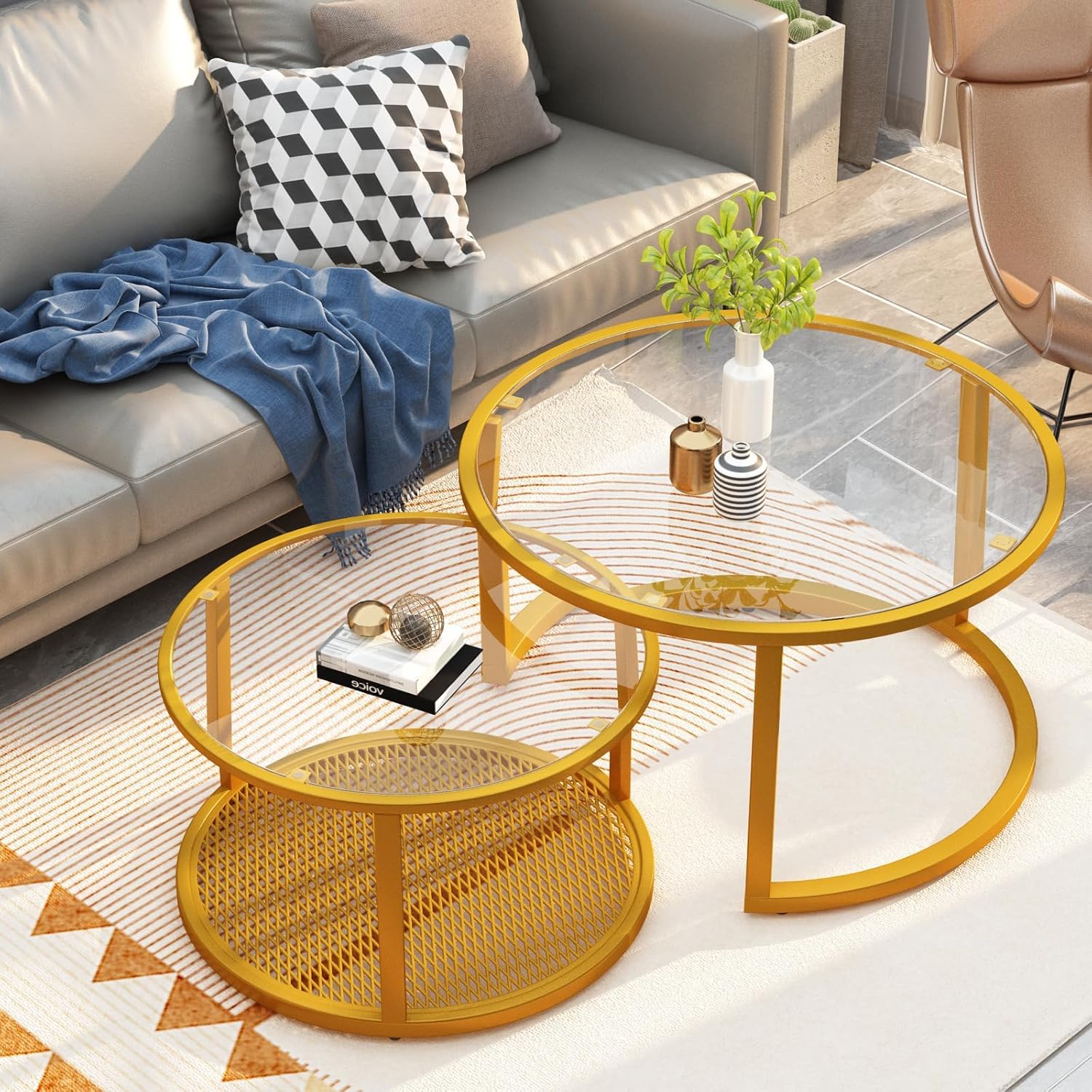 Lamerge Glass Coffee Table for Living Room, Gold Nesting