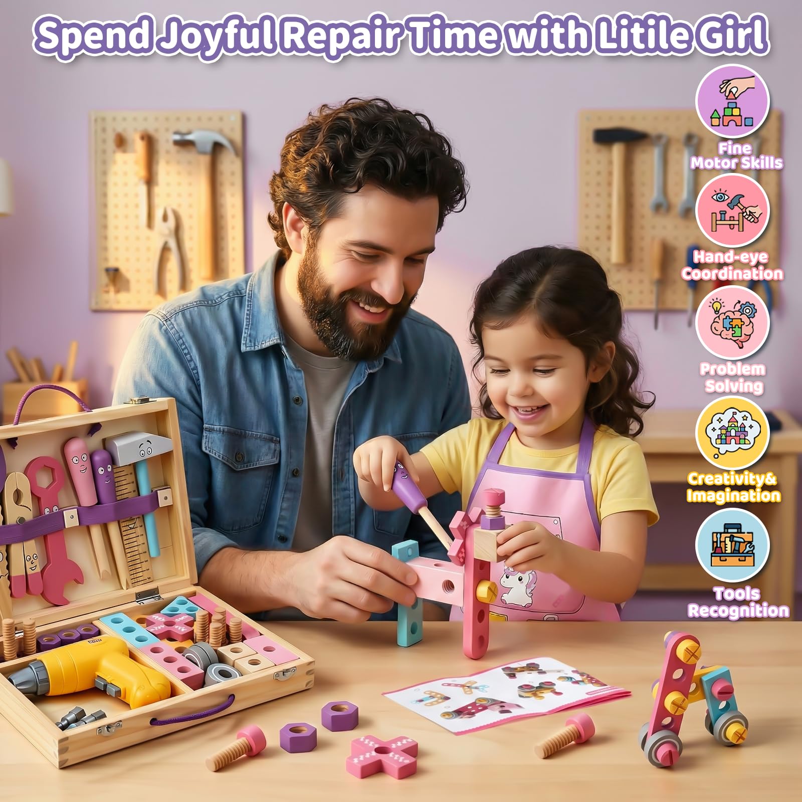 Giochi Bambini 3 Anni, Cassetta Attrezzi Bambini Rosa con 44 pezzi Giochi Bambina Bambino 3 4 Anni Giocattolo Educativi Montessori con Trapano Elettrico e Grembiule Regalo Bambina Bambino 3 4 5 Anni