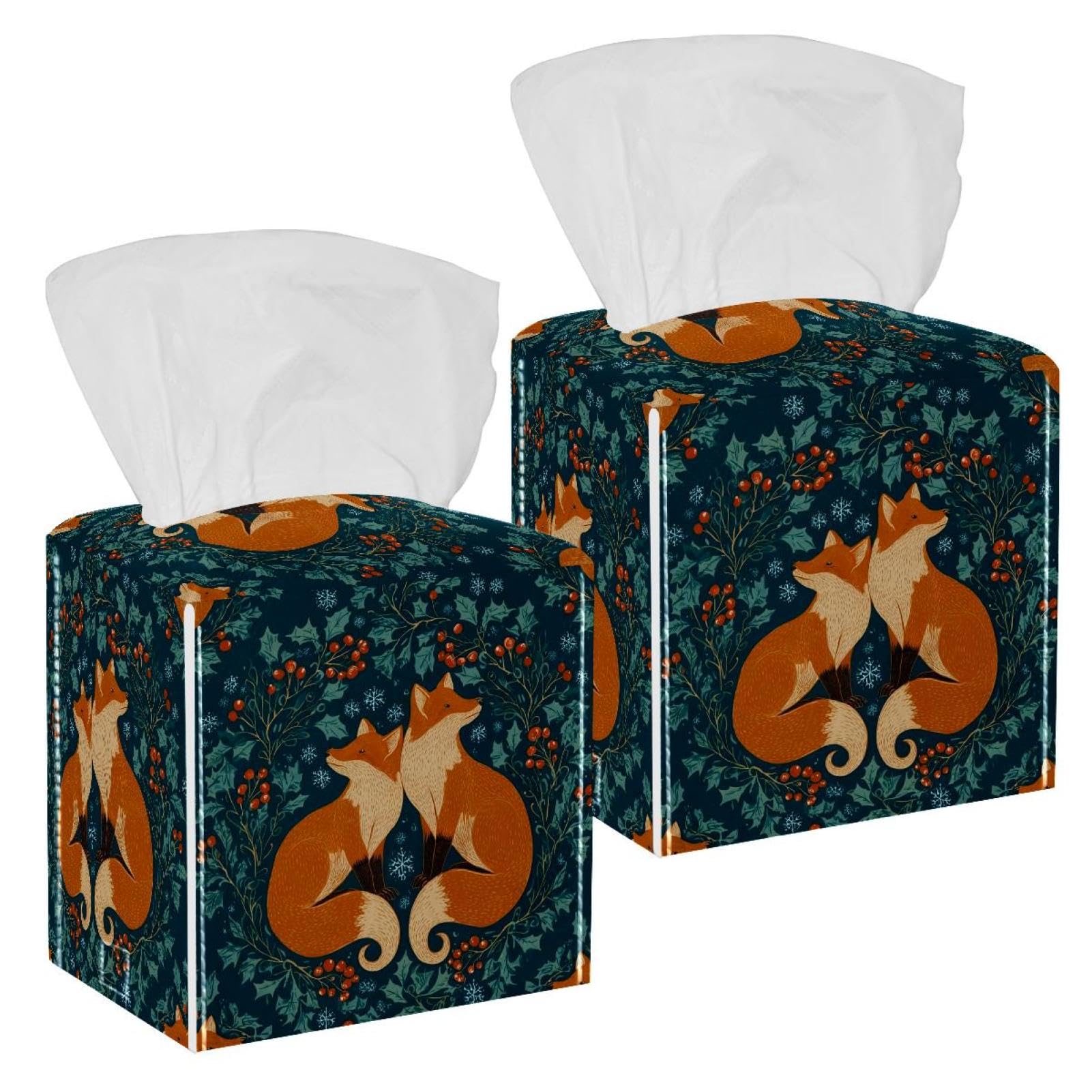 Cute Fox Tissue Box Cover, 2 Pack PU Leather Square Facial Tissue Dispenser Box holder for Home Office Car
