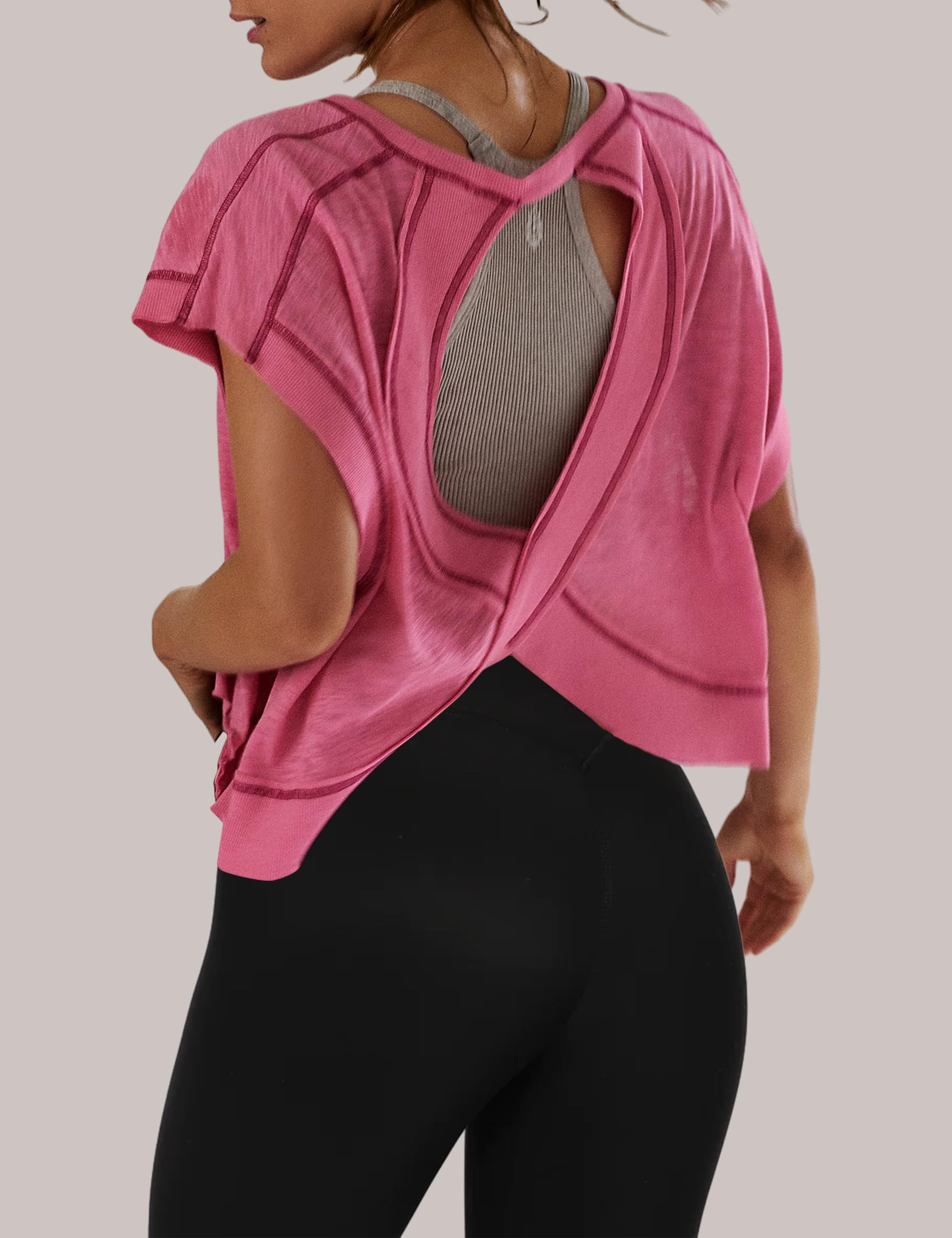 DURUNUL Women’s Open Back Workout Crop Tops Backless Athletic T Shirt Activewear T-Shirts Exercise Yoga Shirts Gym Clothes Hot Pink