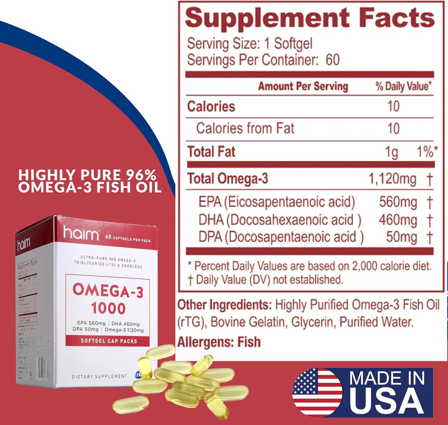 HAIM Omega-3 1000 Fish Oil Softgels — 1120mg Omega-3 with EPA DHA Fatty Acids — Burpless, Odorless, No Fishy Smell — Triple Strength Concentrated Supplement — Nutritional Softgels — 60 Count - Image 5