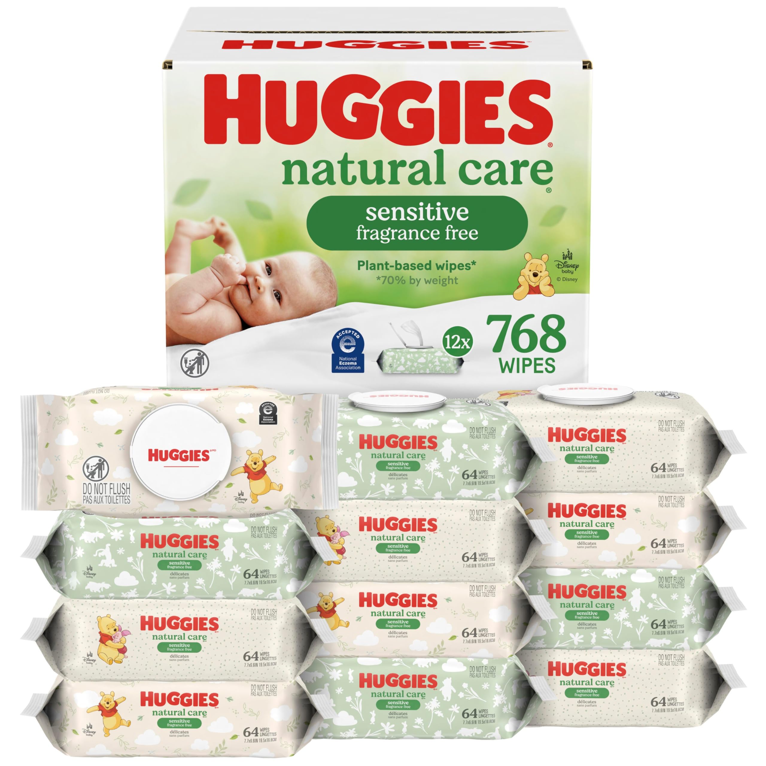 Huggies Natural Care Sensitive Baby Wipes, Unscented, Hypoallergenic, 99% Purified Water, 12 Flip-Top Packs (768 Wipes Total), Packaging May Vary