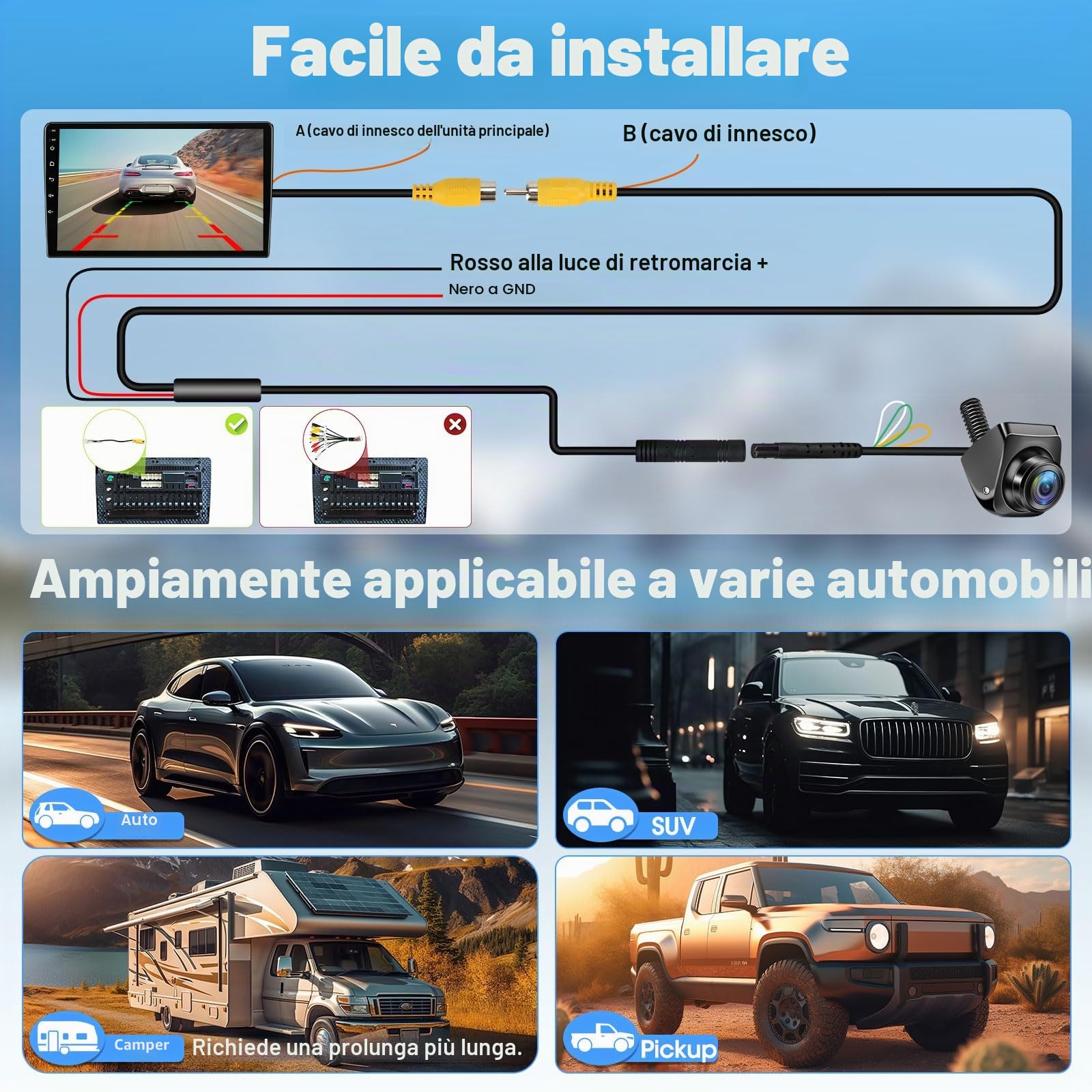 Vtopek AHD 1080P Telecamera di Retromarcia Grandangolare 180° Telecamera Posteriore per Auto Girevole a 360° Installazione Senza Foratura Retrocamera per Camper IP69K Impermeabile Visione Notturna