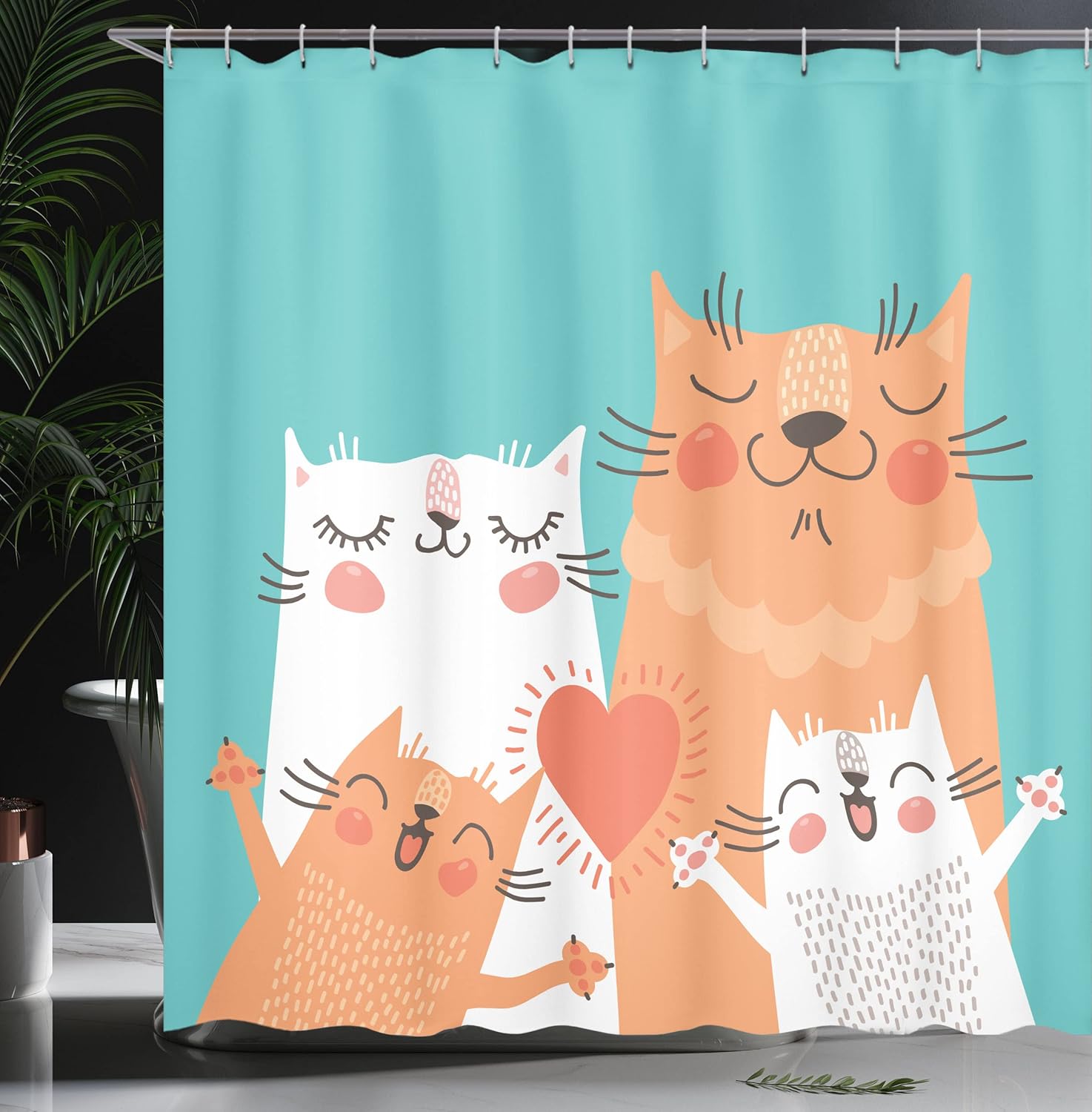 Ambesonne Funny Shower Curtain, Kitten Couple Happy Paws Loving Heart with Family Cats Poster Style Animal, Cloth Fabric Bathroom Decor Set with Hooks, 69" W x 70" L, Cadet Blue White Orange