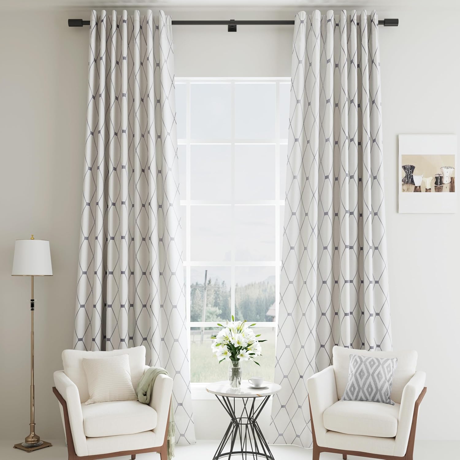 Grey Geometric Pattern Off White Curtains 108 Inches Long for Living Room Back Tab Rod Pocket 50% Blackout Curtain Neutral Farmhouse Decor Floor to Ceiling High Window for Bedroom 52x108, 2 Panels
