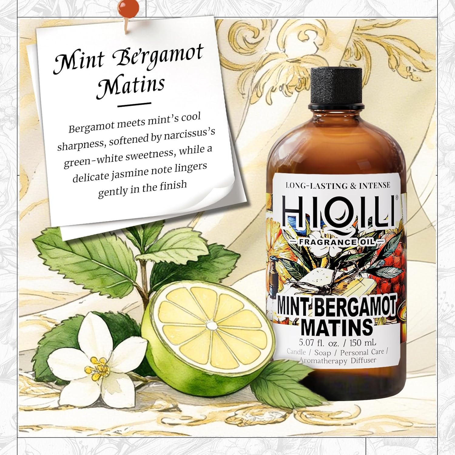 HIQILI Mint Bergamot Matins Fragrance Oil for Diffuser, Candle & Soap, Hand Wash & Air Fresheners Making- Floral Notes, Long-Lasting- 5.07 fl oz