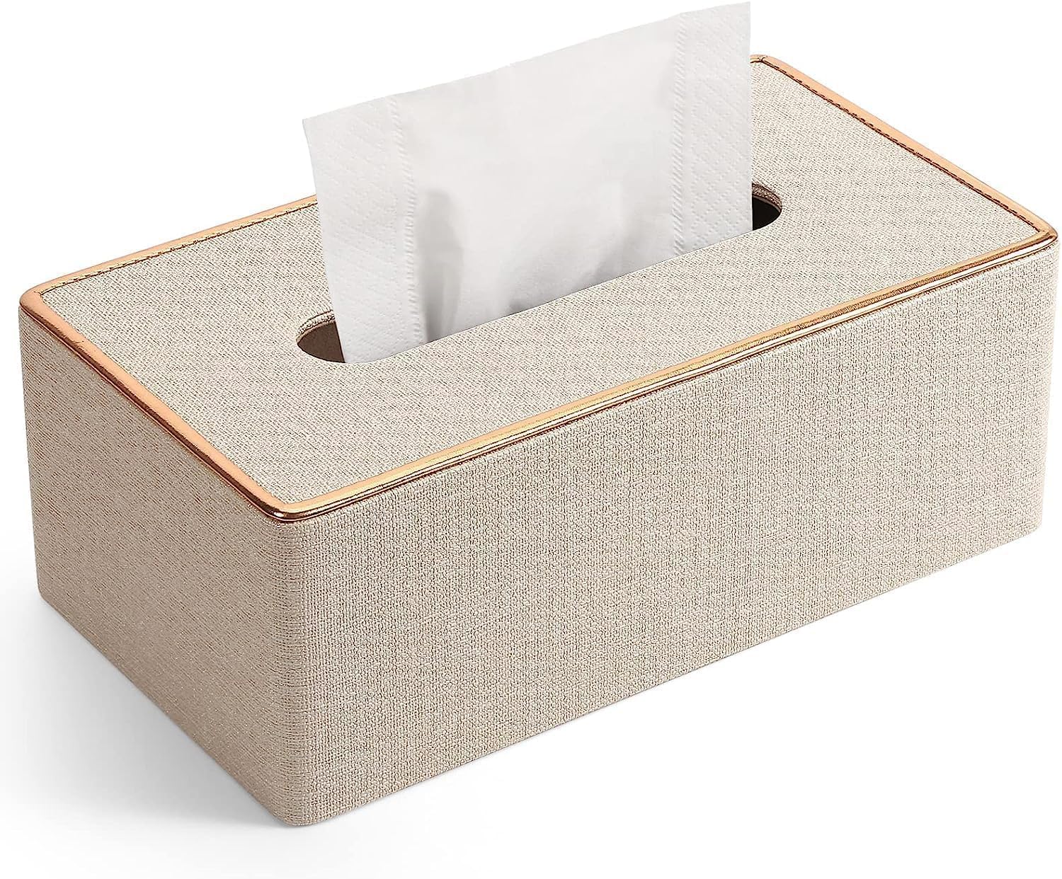X spring Tissue Box Cover, Rectangular PU Leather Tissue Keeper, Napkin Dispenser for Home, Office, and Car Decor with Gold Line (Pearl White)