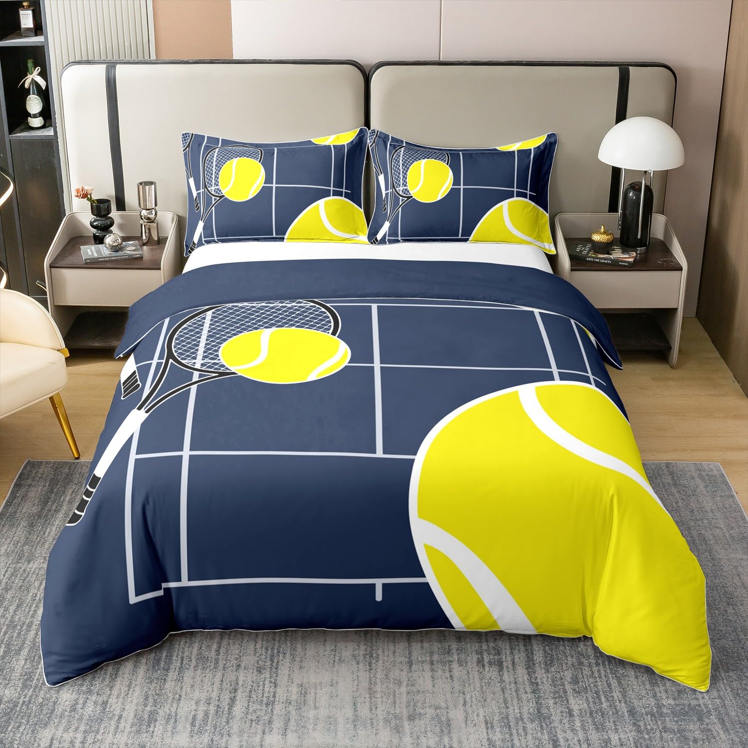 Homemissing Jungen Tennis 100% Baumwolle Bettwäsche Set 135x200cm Ball Spiel Navy Blue Bettbezug für Kinder Mädchen Sport Thema Betten Zimmer Dekor