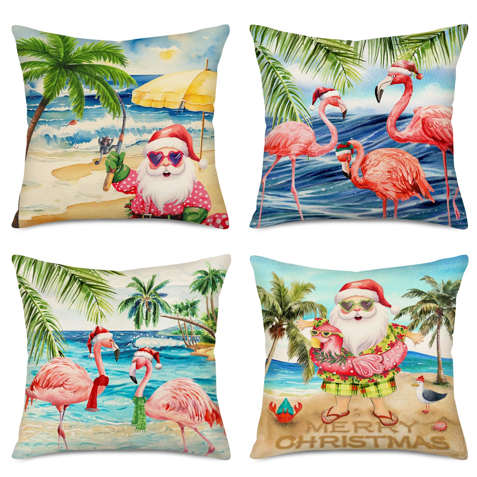 Fukeen Merry Christmas Beach Pillow Covers 18x18 Inch Set of 4 Santa Claus Flamingo Tropical Tree Ocean Sea