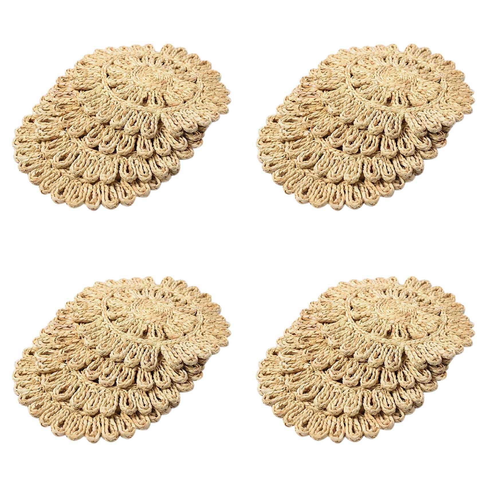 Hndhbfgrt 16X Round Woven Placemat for Dining Table,Natural Braided Rattan Tablemat Hollow Wicker Plates