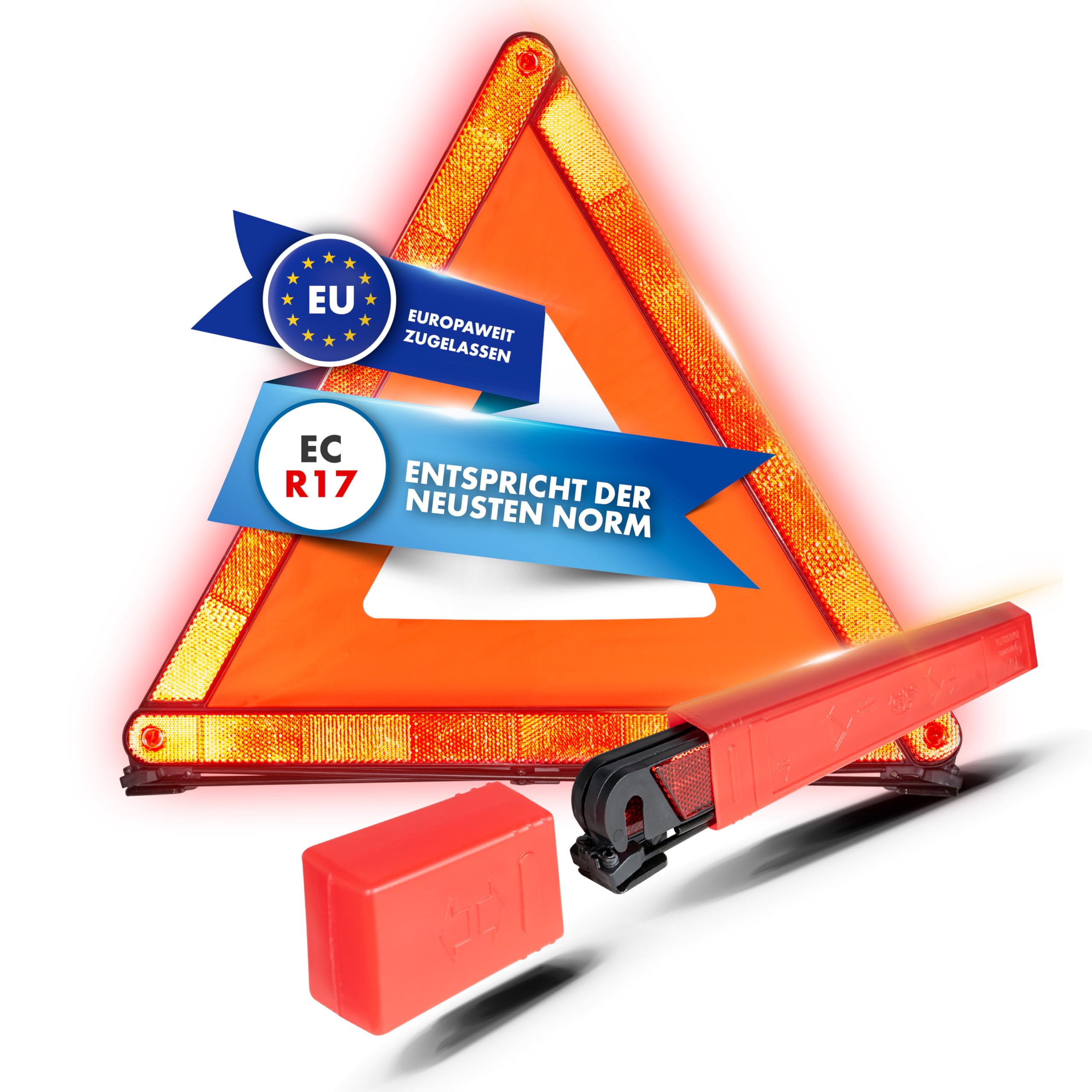 Walser Pannendreieck, faltbares Warndreieck + Aufbewahrungsbox, Notfall-Dreieck ECE R27 Zertifiziert, Unfallsicherung, Gefahrenstellen-Kennzeichnung rot