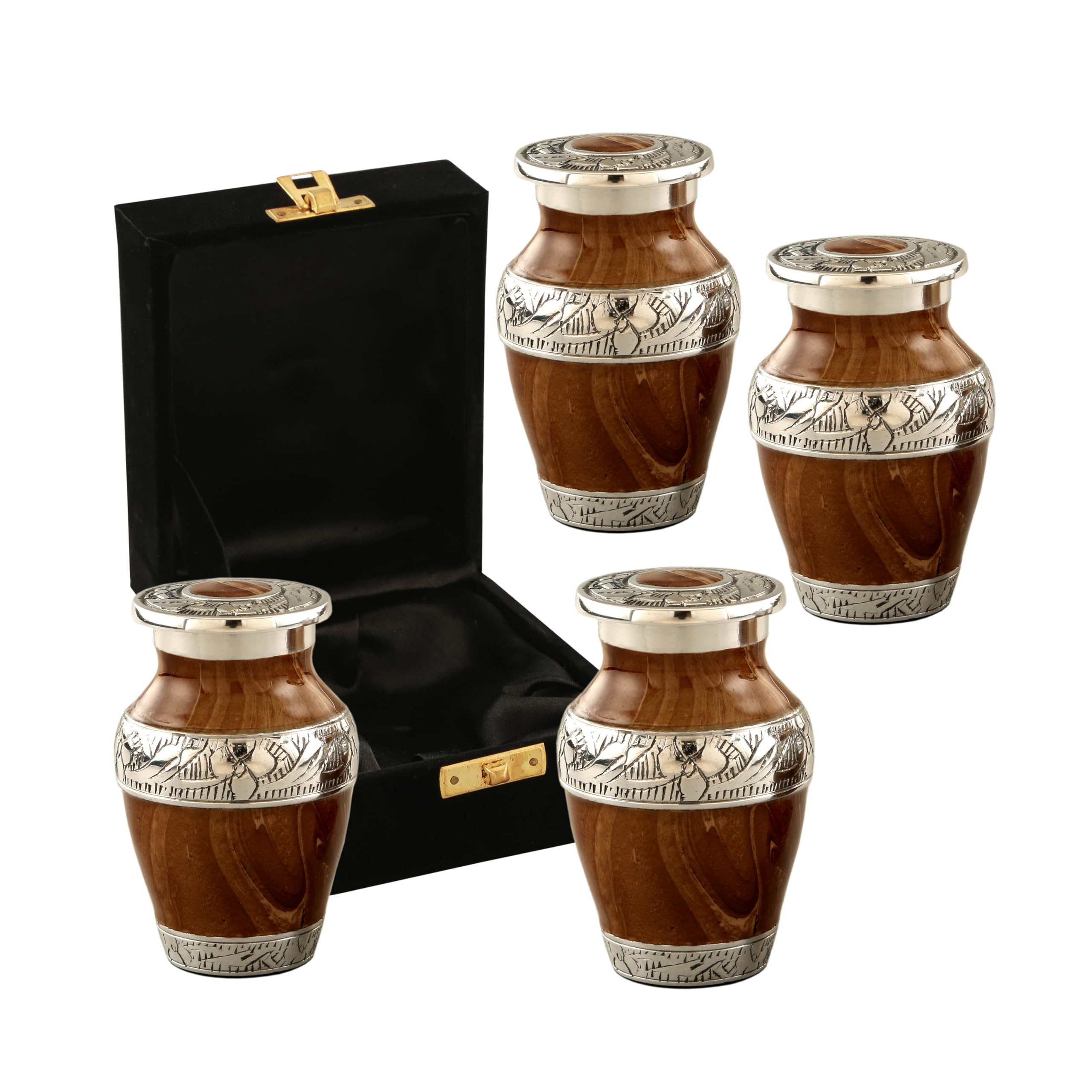 Juego de 4 urnas de recuerdo de metal con acabado de madera, mini urnas para cenizas humanas, urnas decorativas, urnas funerarias, mini urna conmemorativa grabada a mano para mujeres