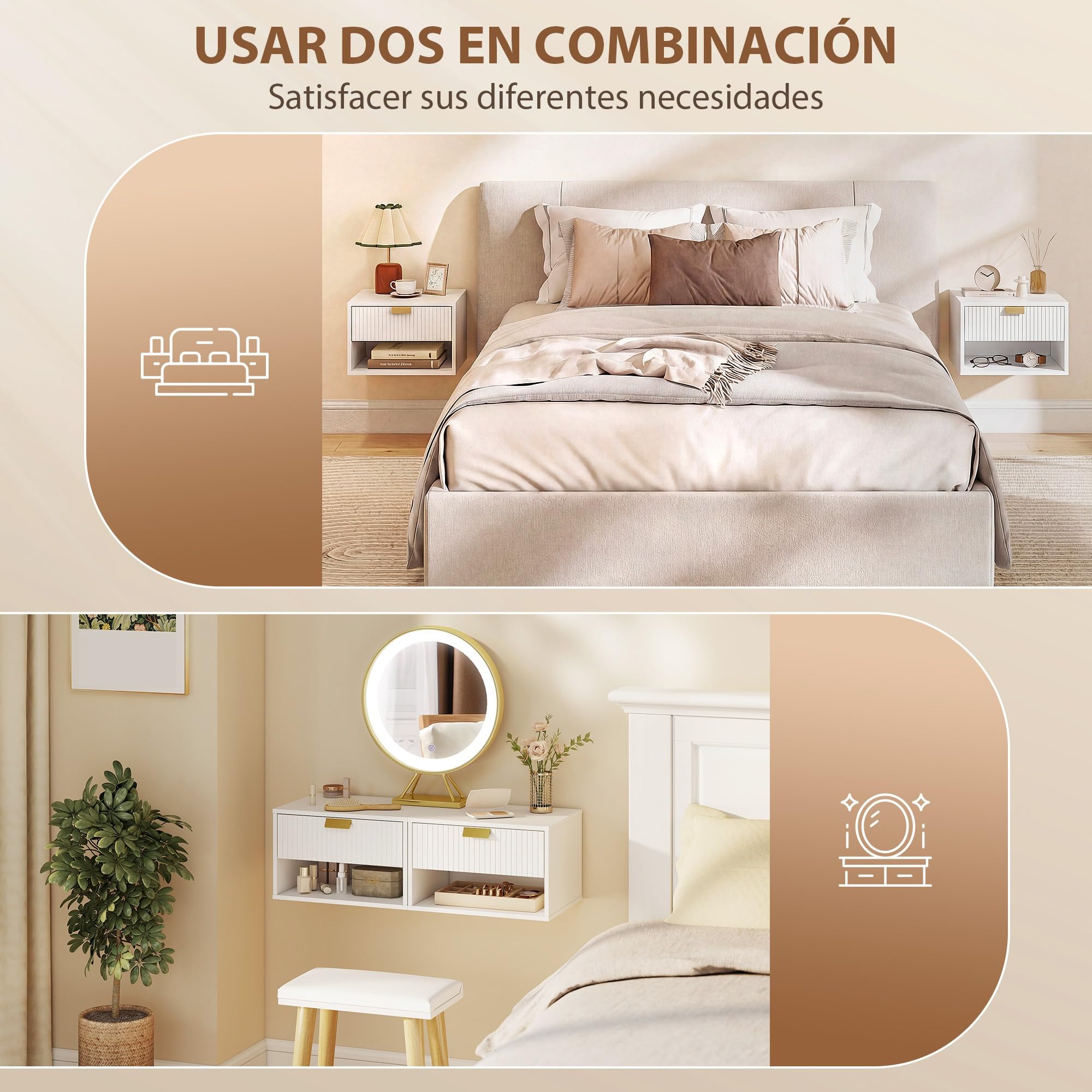 HOMCOM Juego de 2 Mesitas de Noche Flotantes con Cajón 40x30x25 cm Blanco | Mesillas de Noche, Frente Ondulado, Estante Abierto, Diseño Moderno, para Dormitorio