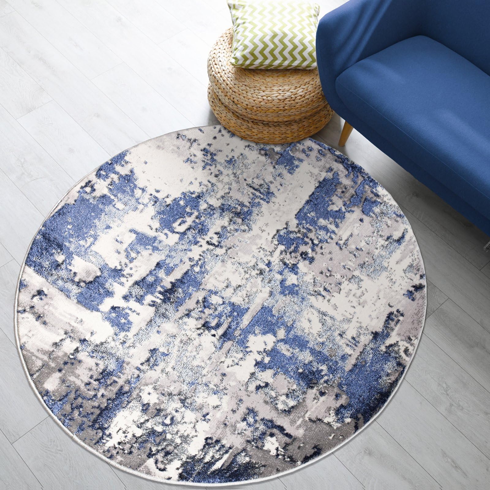 renoazul® Soft Pile Round Rug With Jute Backing, Abstract - 120 x 120 cm - Navy Rug, Washable Carpet for Bedroom, Dining, Office and Kids Room — image 1
