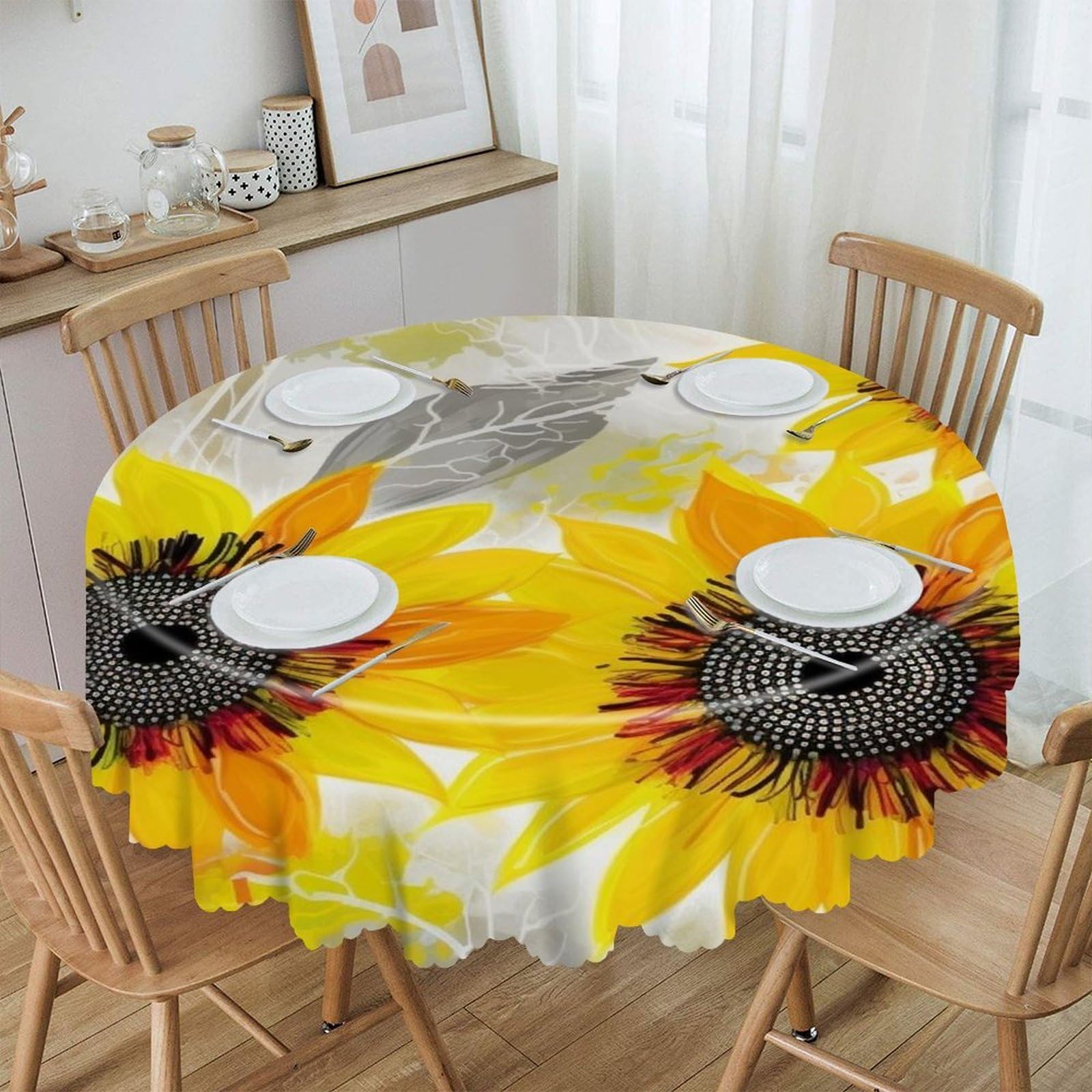 VstaDank Abstract Sunflowers_75091425 Round Tablecloth 60 Inch Easy to Clean Circle Table Cover Thick Decorative Round Polyester Table Cloth for Dining Kitchen Party Farmhouse Outdoor