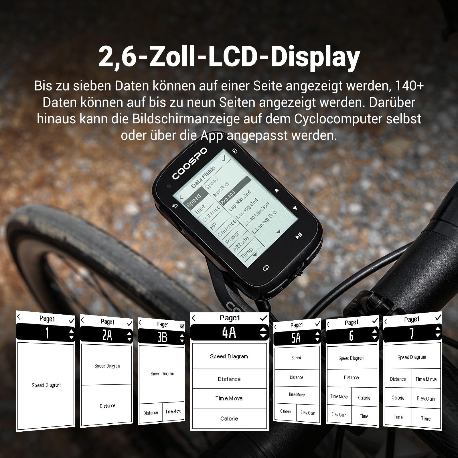 COOPSO CS500 Wireless Bicycle Computer, 2.6 Inch LCD GPS Speedometer Bicycle Navigation Wireless, Bluetooth/ANT+ Ahrrad Computers, Waterproof IPX7, Support Bike Radar & 45H Battery Life