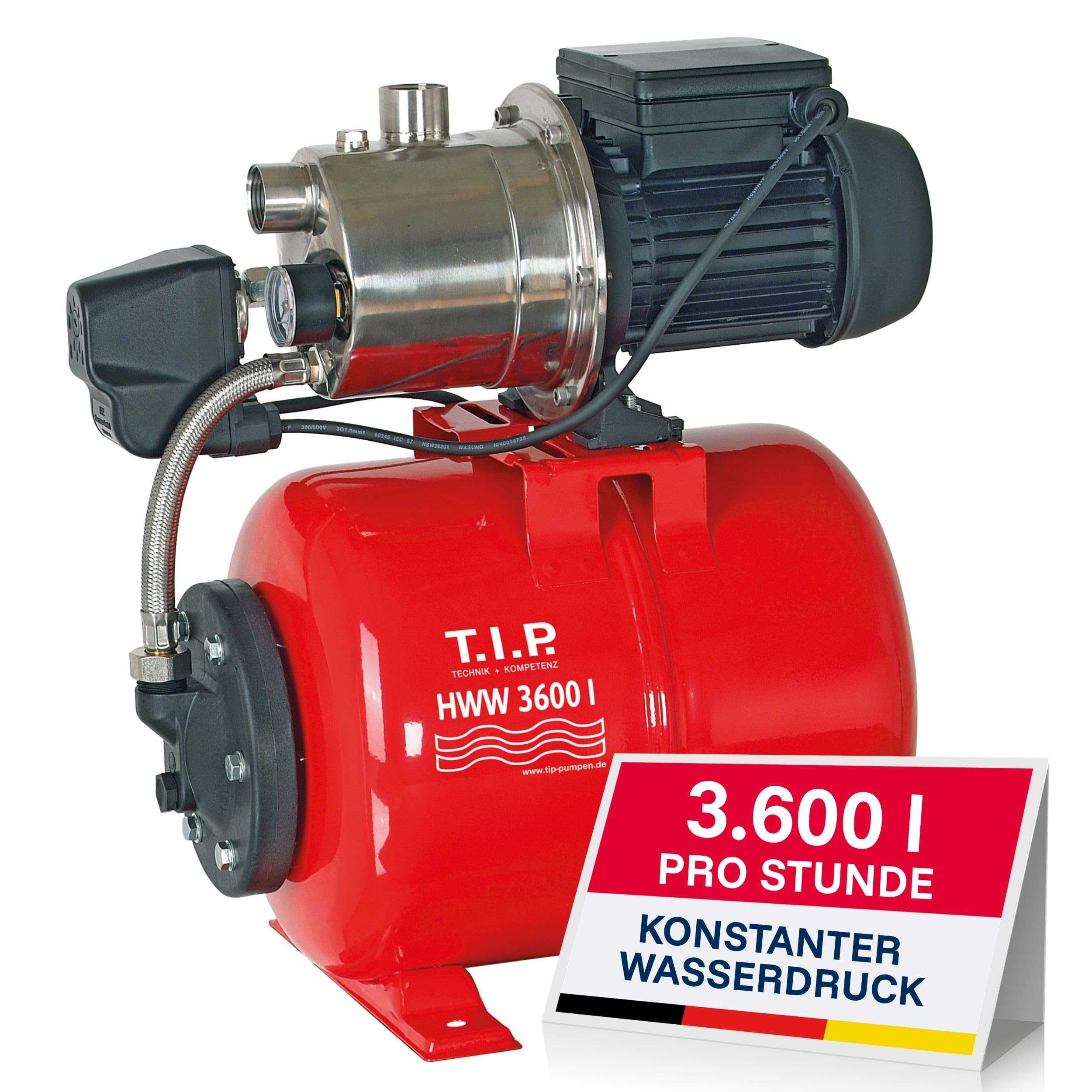 T.I.P. 31188 Hauswasserwerk HWW 3600 I (Fördermenge max. 3.600 l/h, Förderhöhe max. / Druck max. 40 m / 4,0 bar, 650 Watt, 18 l Stahl-Druckkessel, Druckschalter und Manometer)