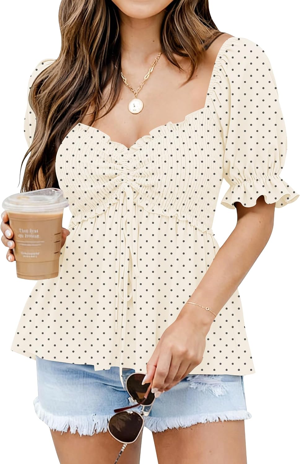 Poetsky Women's Summer Peplum Tops Puff Short Sleeve Babydoll Blouses Trendy Going Out Shirts