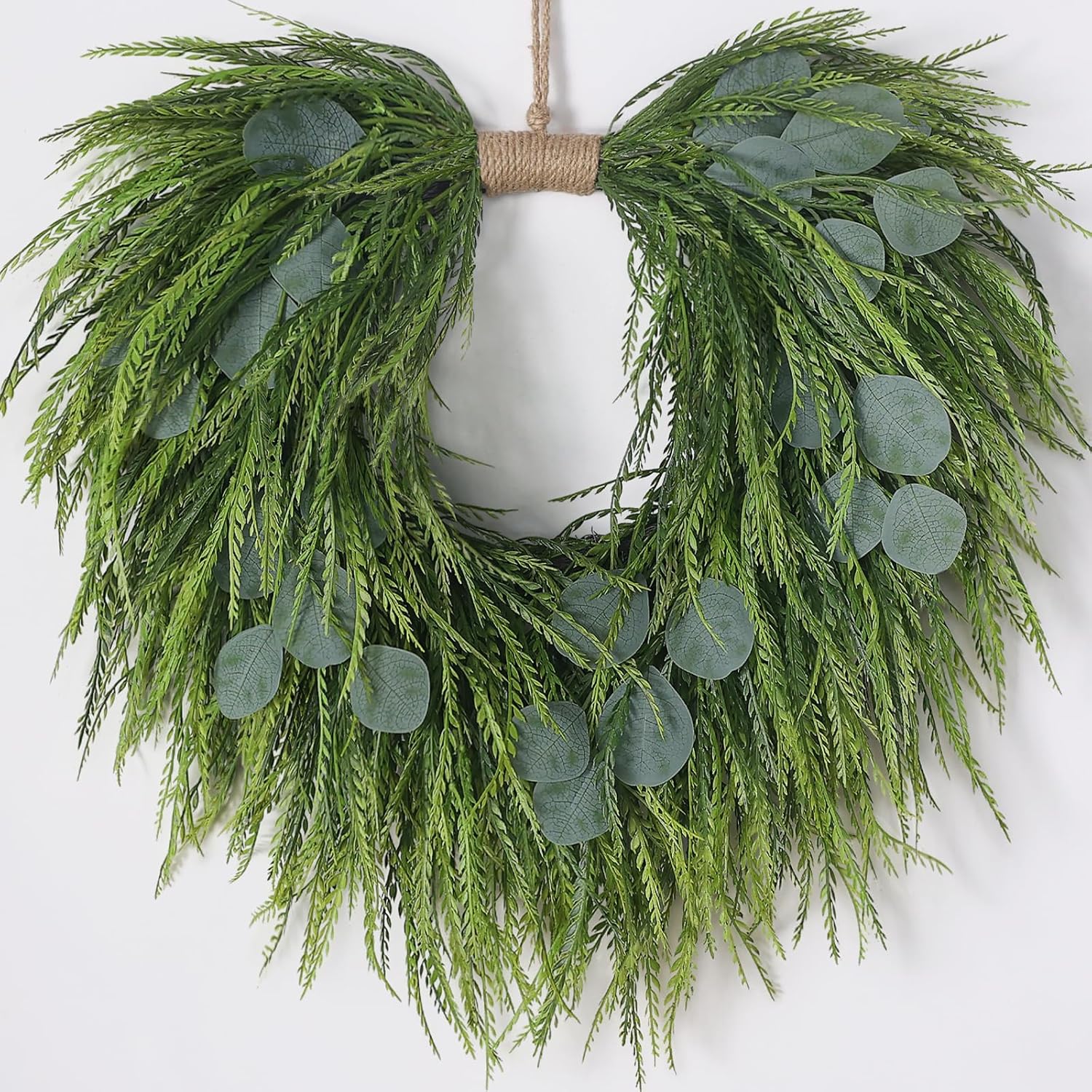 Artificial Saw Grass & Eucalyptus Wreath for Front Door, 22" Faux Saw Grass Fake Eucalyptu Greenery Hanging Heart Shaped Wreath for Wall, Farmhouse, Window,Home Decor | Spring Summer
