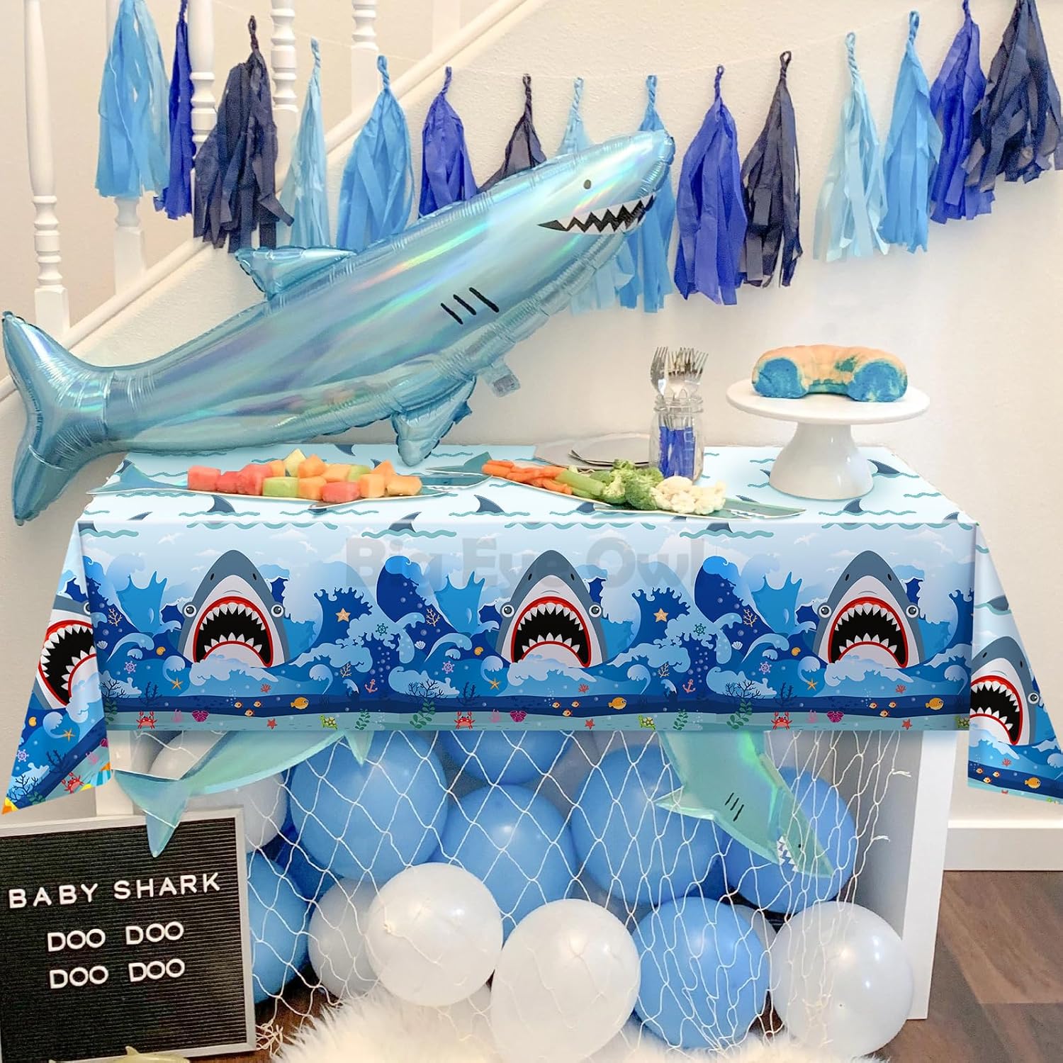 Shark Theme Tablecloths Plastic Disposable Birthday Table Cloth Rectangle Tablecovers Decorations Blue Boys Party Supplies 54x108 Inch image 4