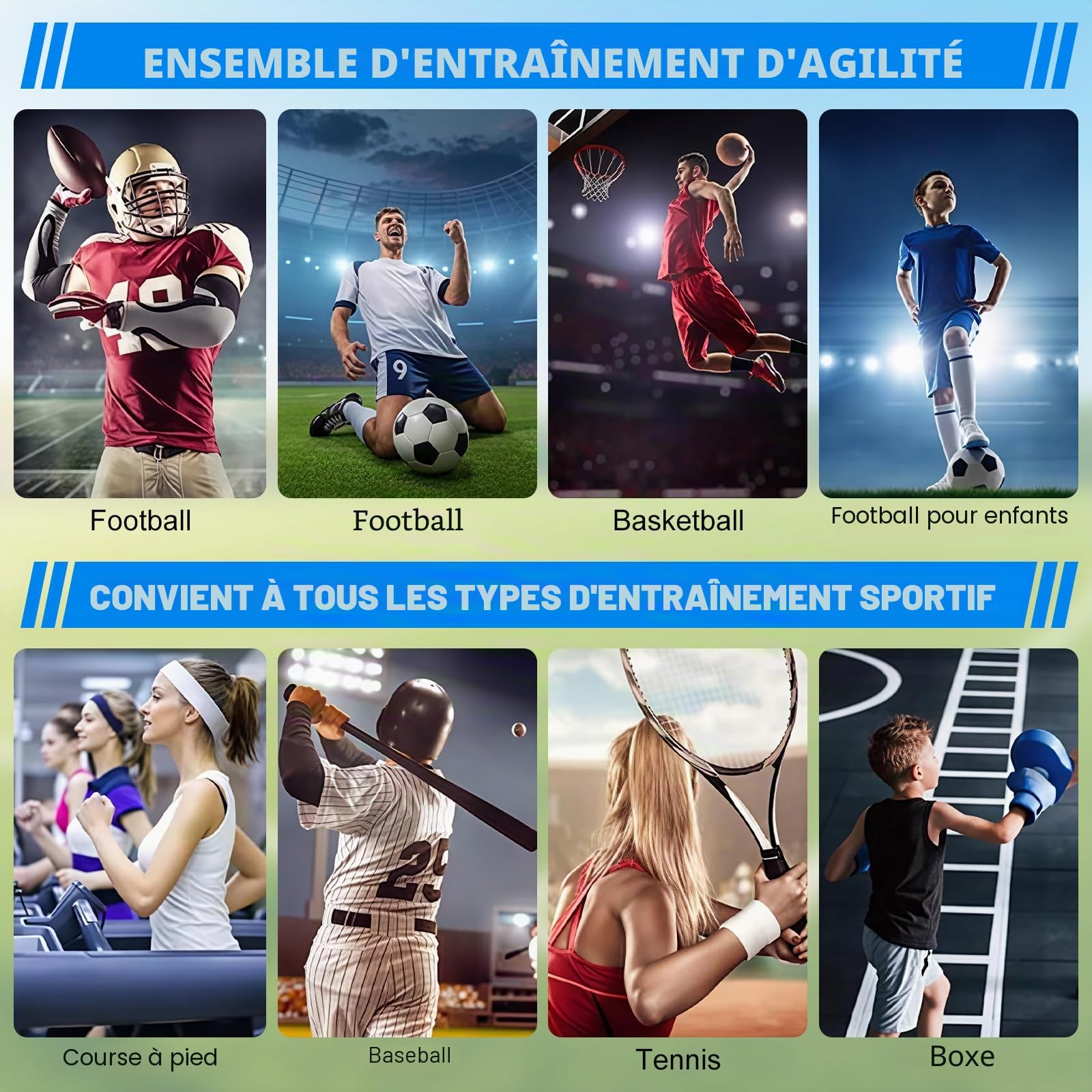 Kit Entrainement Football 15pcs, pour Coordination, Vitesse | Échelle agilité 6m, 8 plots incassables, lanceur sans mains, 4 piquets acier, sac, Nylon/PE robuste