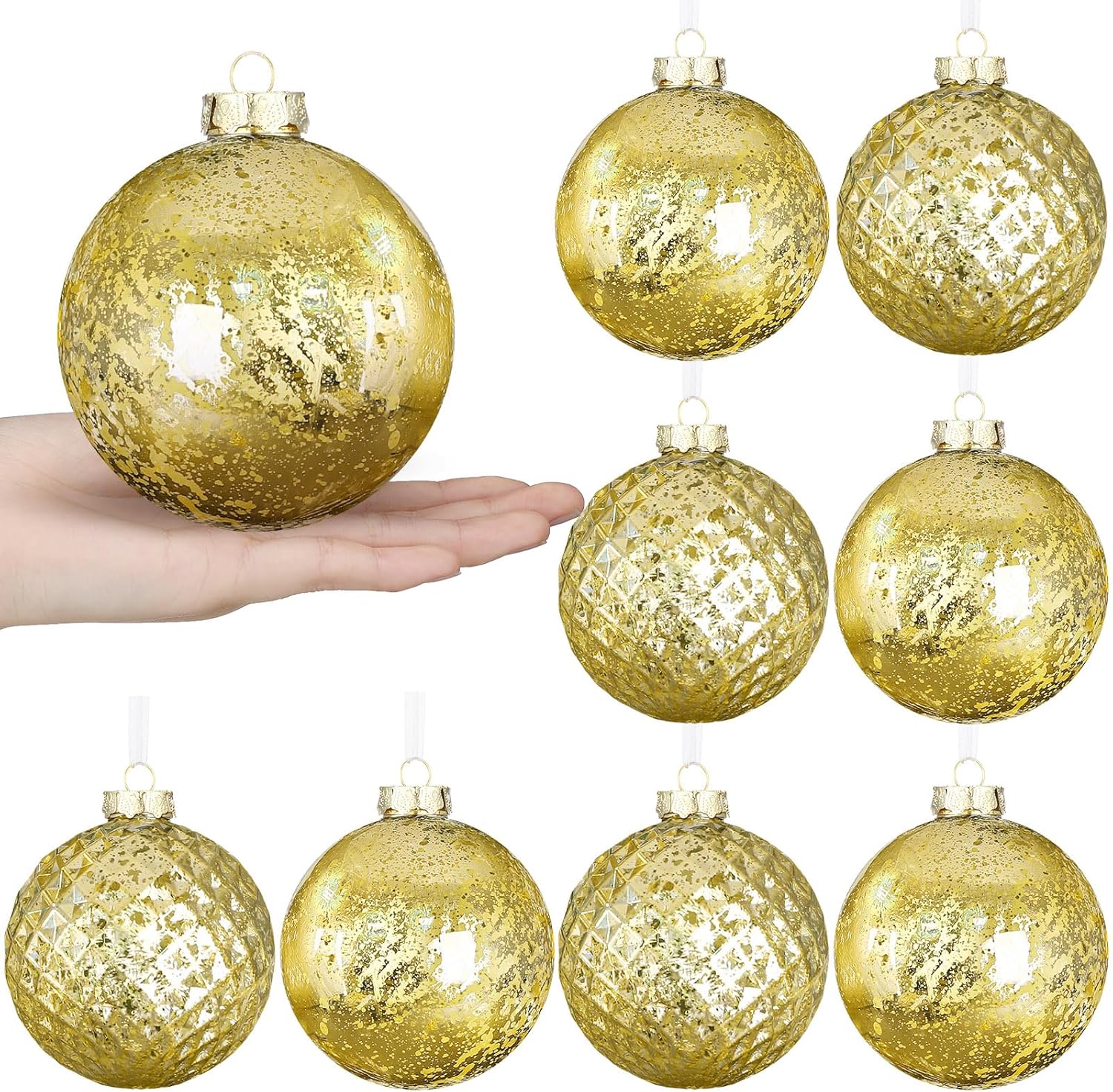 Syhood 8 Pcs 4" Large Christmas Balls Ornaments Shatterproof Christmas Tree Vintage Mercury Finish Plastic Balls Hanging Decorations for Xmas Trees Wedding Party Holiday Decorations(Gold)