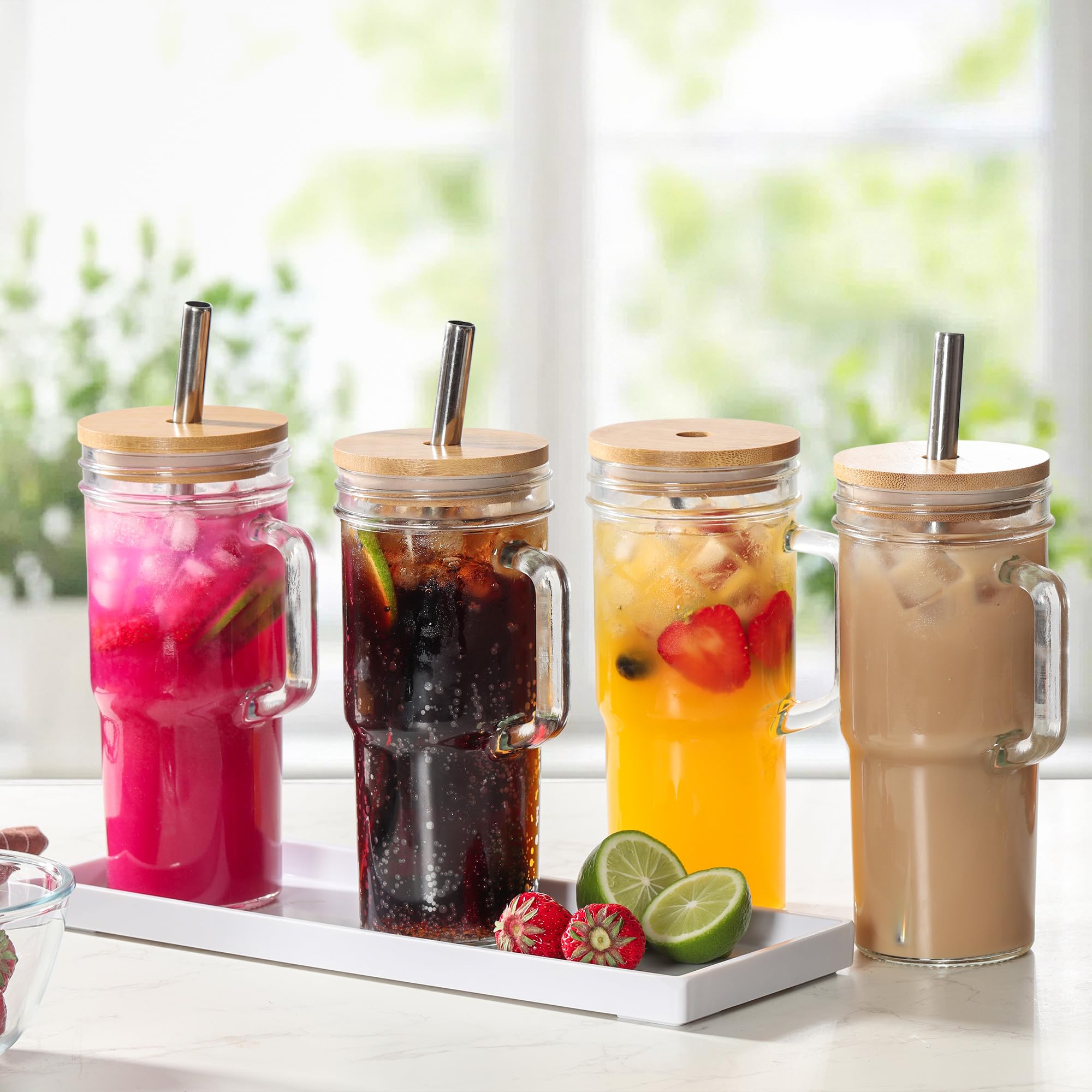 Qumuauu Glass Cup with Bamboo Lids and Straws, 4Pcs 24oz Tumbler with Handle, Mason Jar with Wide Mouth Iced Coffee Cup Reusable Drinking Glasses Travel Mug for Smoothie Beer Juice Tea