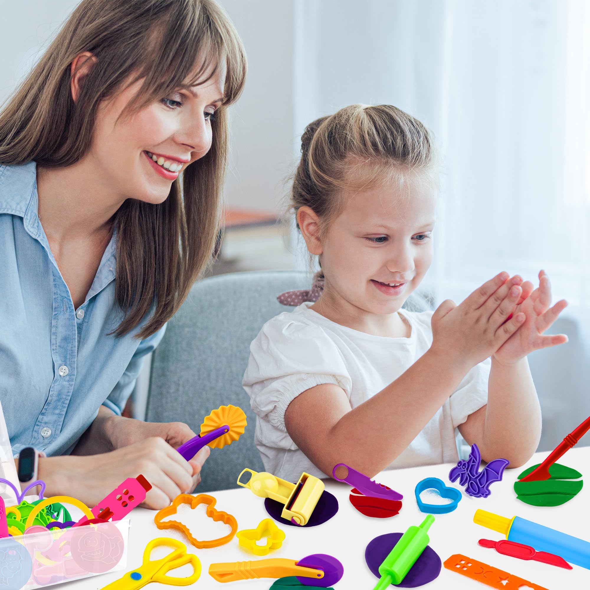 Juego de herramientas de juego de masa para niños, 44 piezas, accesorios de masa con tijeras, cortadores, rodillos, rodillos, prensa de pasta, animales de dinosaurio, moldes de frutas, caja de 6