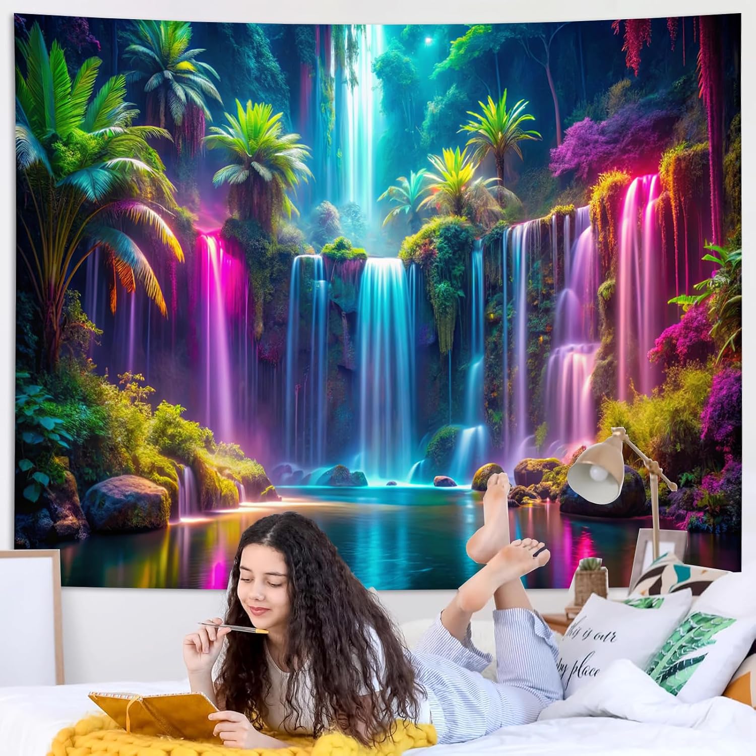 Miytal Blacklight Forest Tapestry, UV Reactive Neon Waterfall Wall Hanging, Fantasy Aesthetic Landscape Room Decor for Bedroom & Party Background - 51.2" x 59.1"