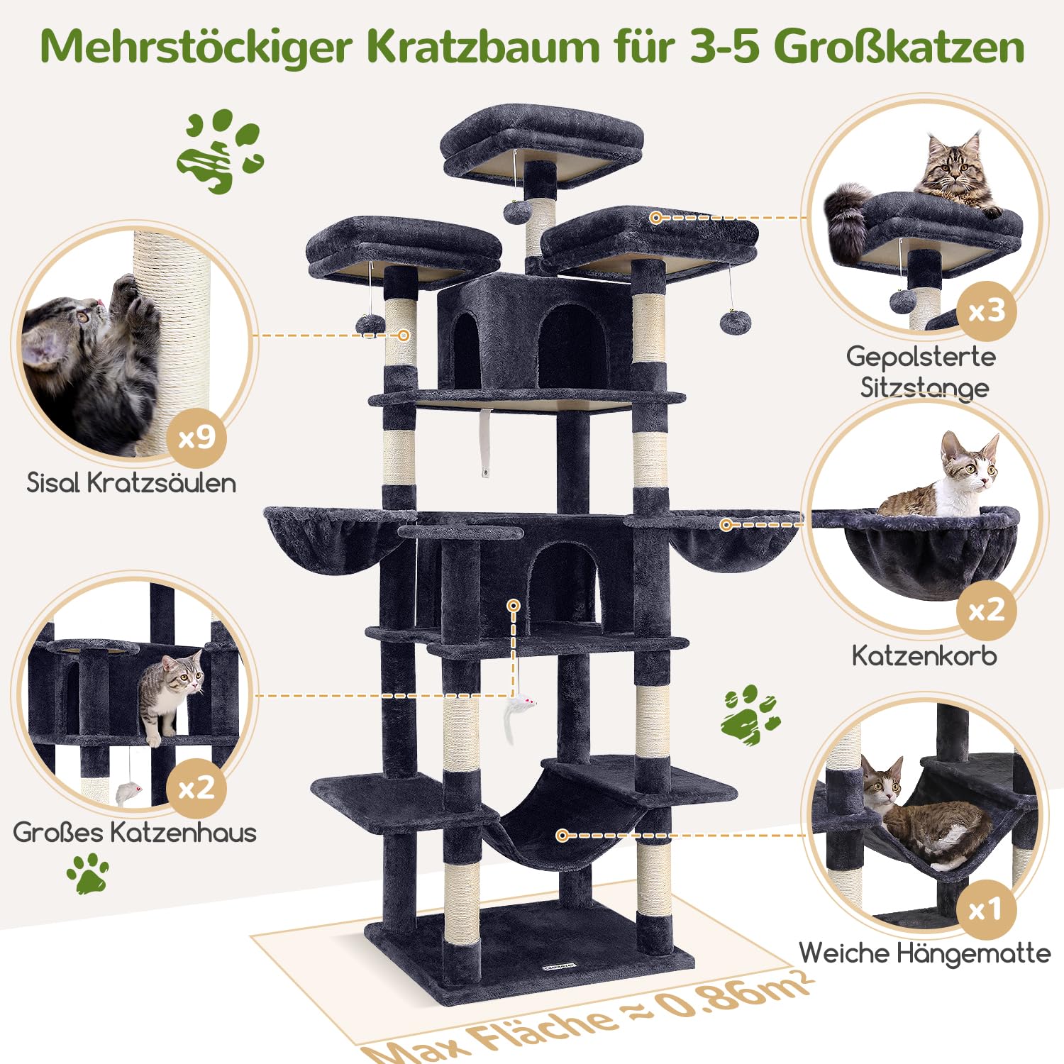 Globlazer F80 drapak XXL z hamakiem 204 cm dla kotów 2/3/4 | Drzewko dla kota z 3 drążkami do siedzenia, domki dla kotów, łatwy montaż zamek dla kota do salonu, sypialni, studia