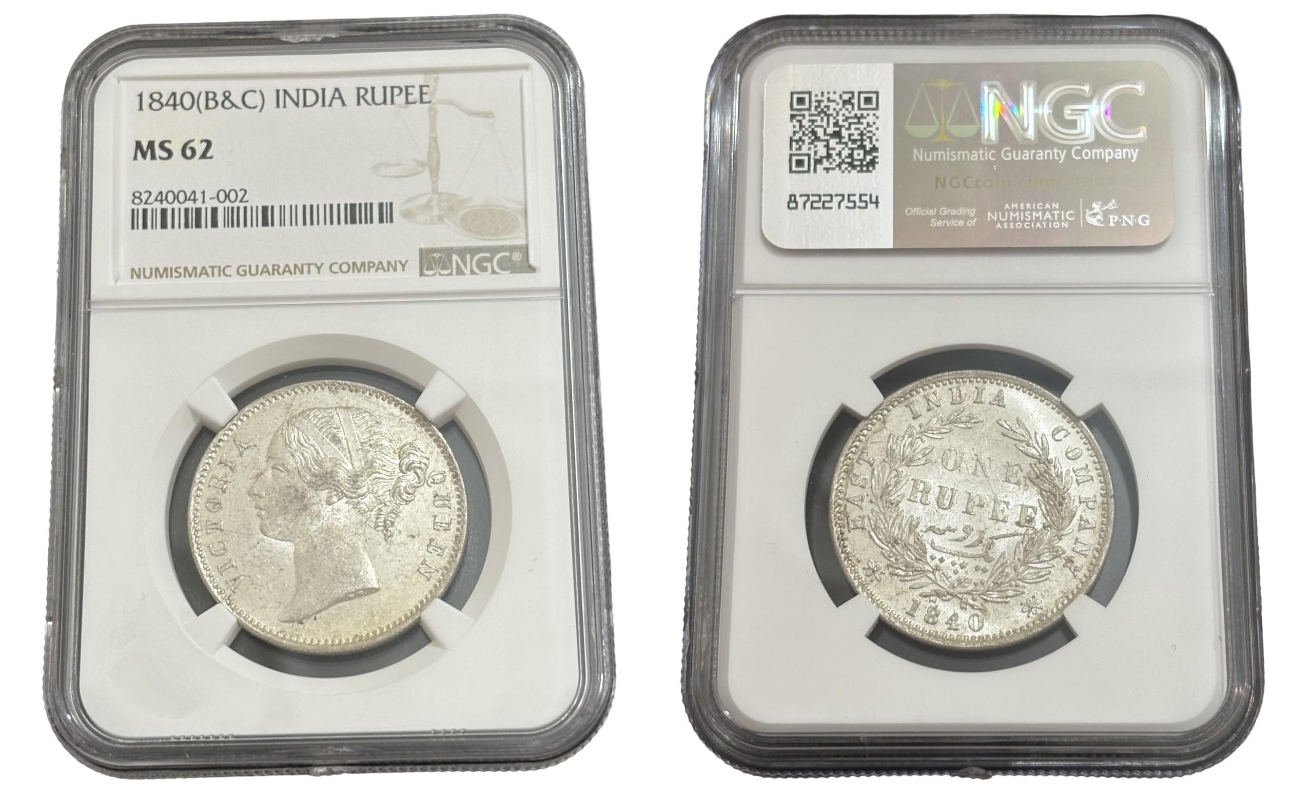 Silver Rupee – Victoria Queen, East India Company, NGC Graded MS62