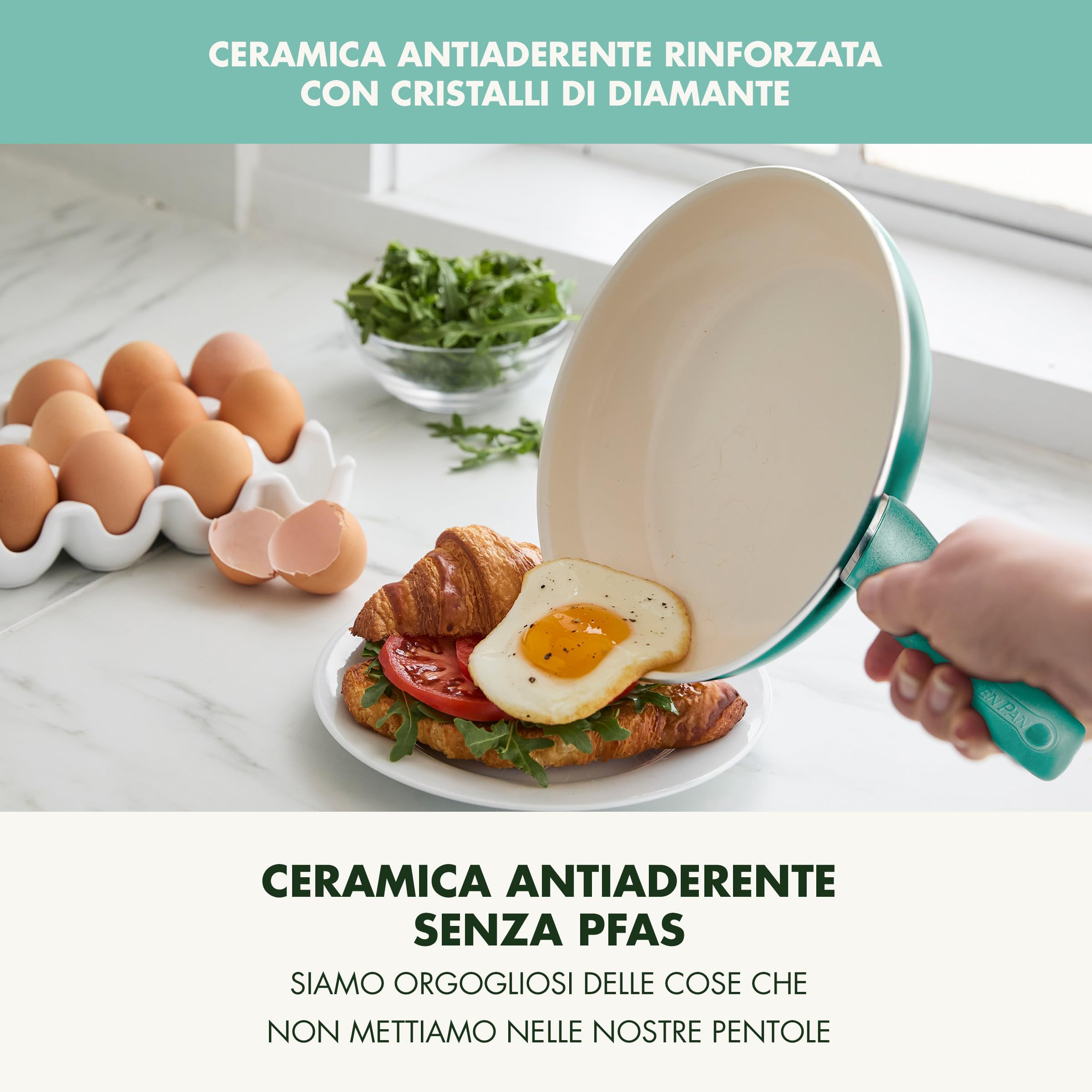 GreenPan Rio Padella Antiaderente in Ceramica Sana da 18 cm, Senza PFAS, Manico Fredda al Tatto, Sicuro in forno fino a 160°C, Turchese e Crema