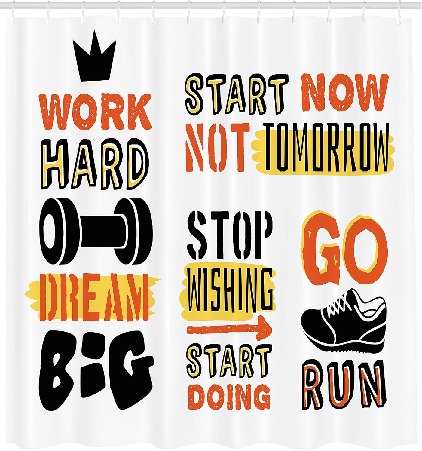 Ambesonne Fitness Shower Curtain, Sports Affirmation Positive Words Typography Design Sneakers, Cloth Fabric Bathroom Decor Set with Hooks, 69" W x 70" L, Orange Yellow Black