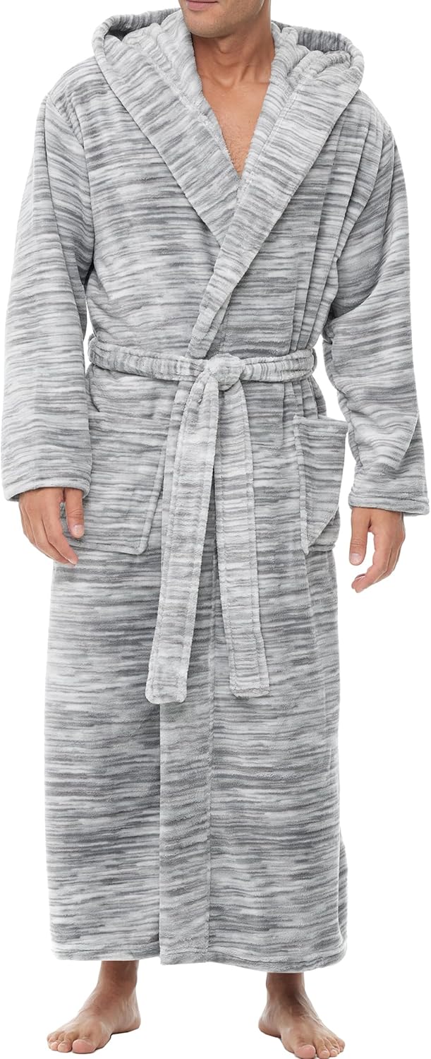 Alexander Del Rossa Mens Robe with Hood, Plush Fleece Hooded Mens Bathrobe, Big and Tall Bath Robe for Men