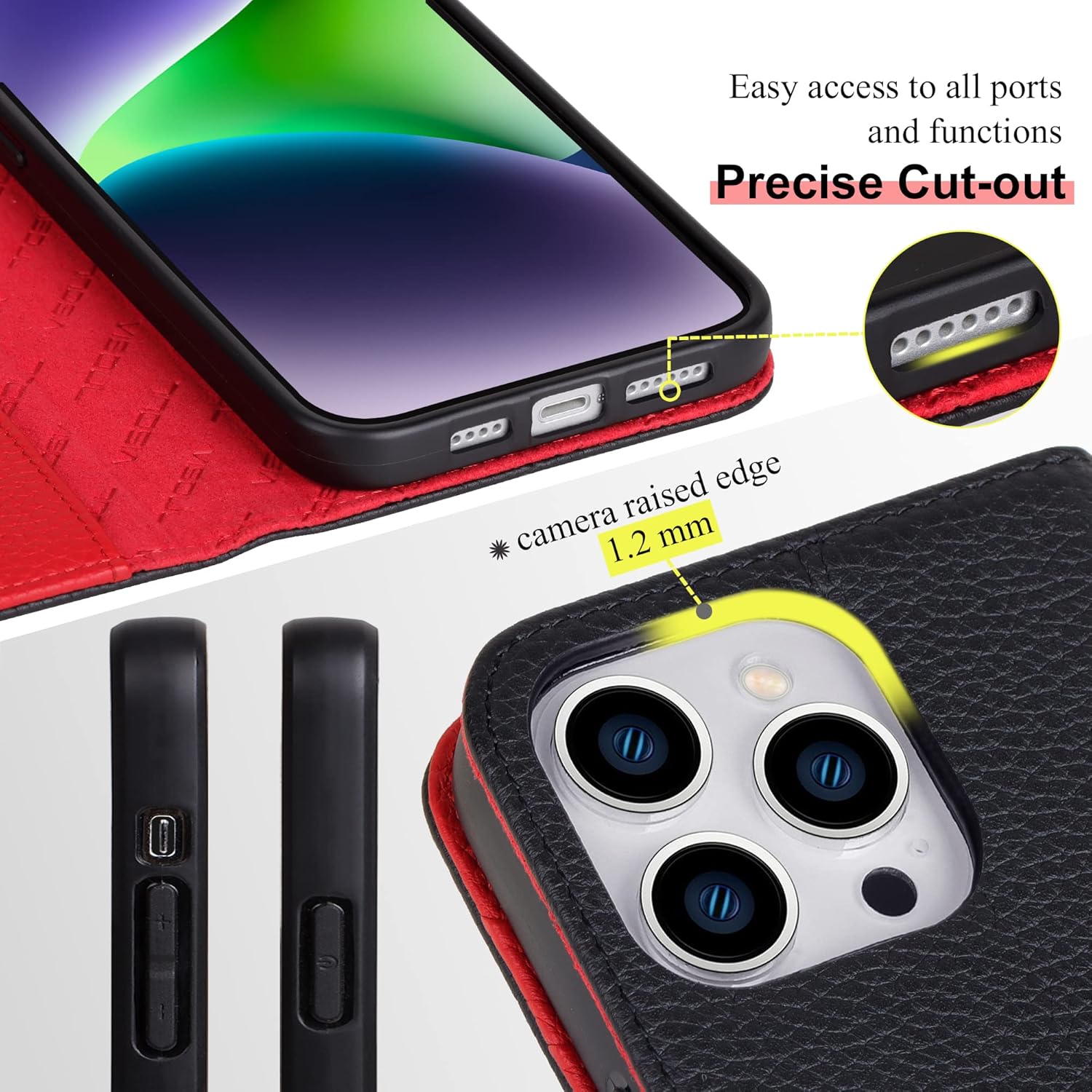 VISOUL Pebbled Genuine Leather Case for iPhone 14 Pro Max Wallet Case with Card Holder Kickstand Magnetic Flip Folio Cover Designed for iPhone 14 Pro Max (6.7")-Black+Red - Image 3