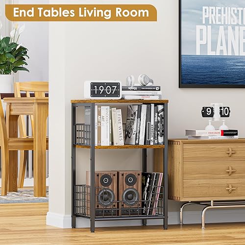 Miniatura 13 de X-cosrack Mesa auxiliar, mesa auxiliar pequeña con almacenamiento, almacenamiento de discos de vinilo, mesita de noche para sala de estar,