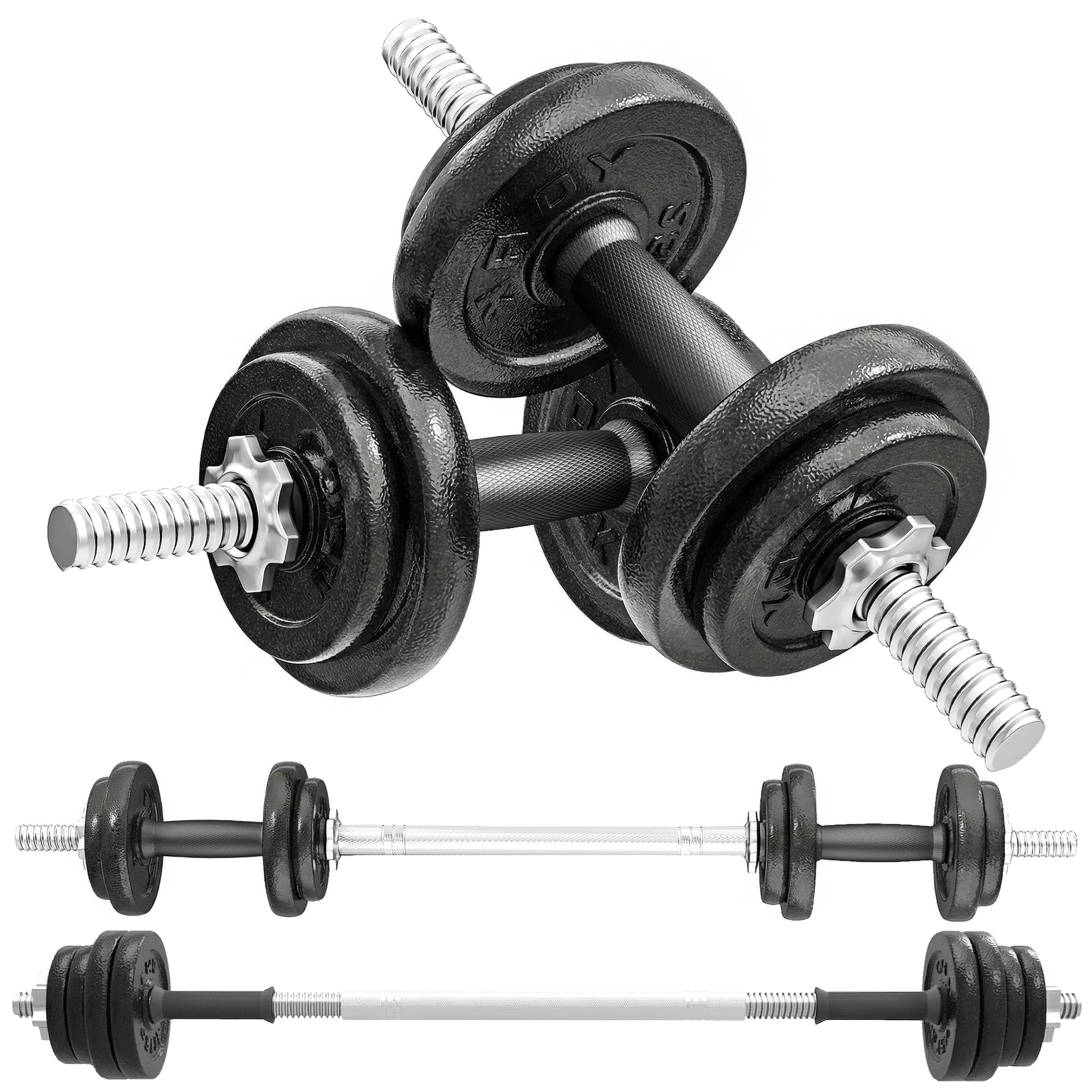 SPORTNOW Set di Manubri 2 in 1 da 20kg Regolabile con Impugnature Antiscivolo, Set Pesi e Bilanciere per Allenamento a Casa con 8 Dischi Pesi, Barra Bilanciere e 2 Barre per Manubri in Acciaio