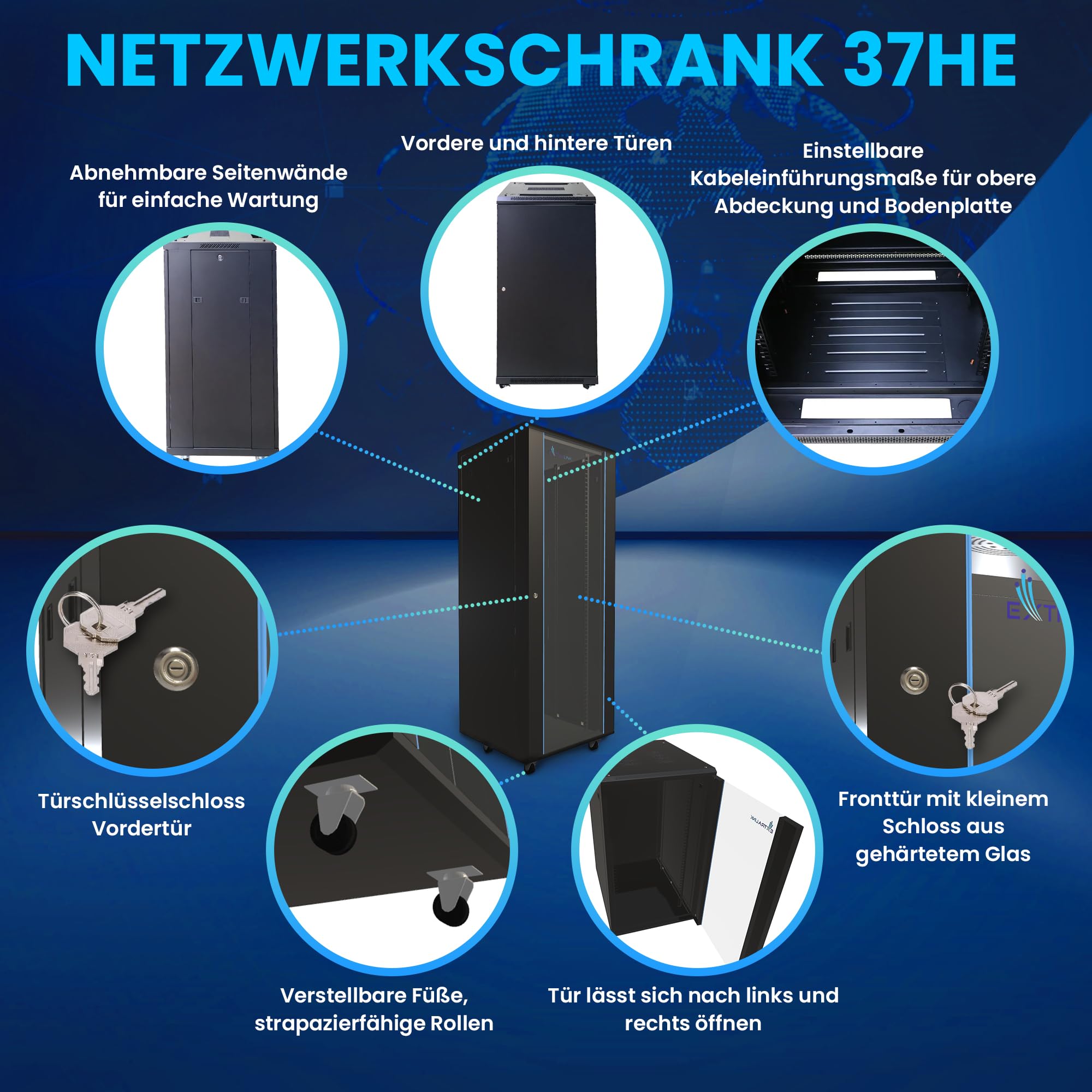 EXTRALINK 37U 600X1000 rack de pie, ideal para salas de servidores de red, control de CCTV, empresas, empresas de TI, fácil instalación, negro