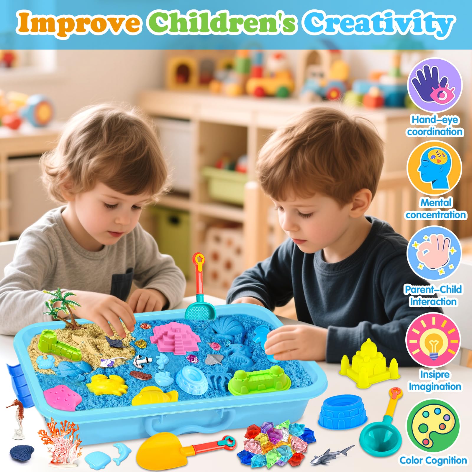 AMCHLEL Sable Magique, Jouets Sensoriels Enfant, Magic Sand avec Moule à Sable et Des Jouets Océaniques, Bac a Sable avec Couvercle, Sable Magique Enfant pour 3+Ans Garçon Fille