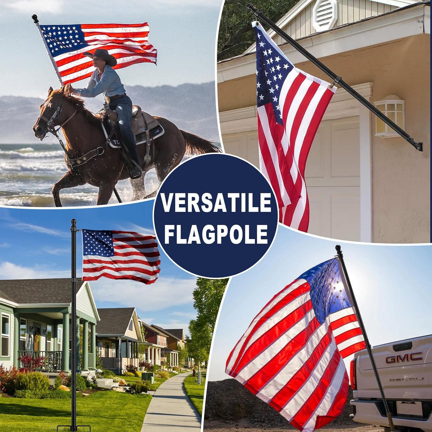 10 FT In Ground Flag Pole for Outside House, 1.3" Large Diameter Heavy Duty Pole with Metal Anti-Tangle Rotating Rings, Outdoor Flagpole Kit for Yard & Garden | Black (1 Pack, No Flag)