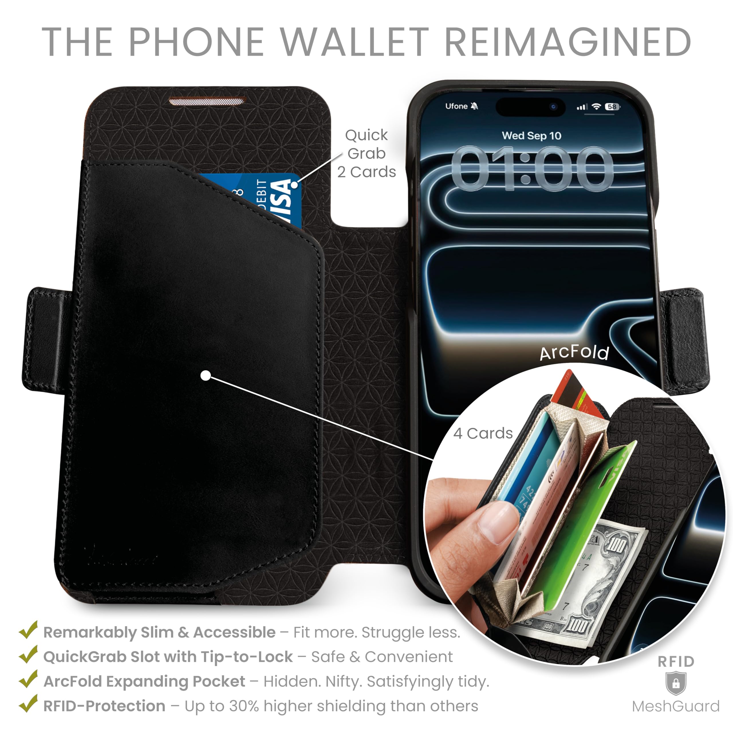 dreem Real Leather for iPhone 17 Pro Case Wallet, Revolutionary Phone Stand, MagSafe-Fit, Magnetic Detachable Flip Cover, RFID Blocking Card Holder, Gift-Box [Fibonacci:Black] - 2