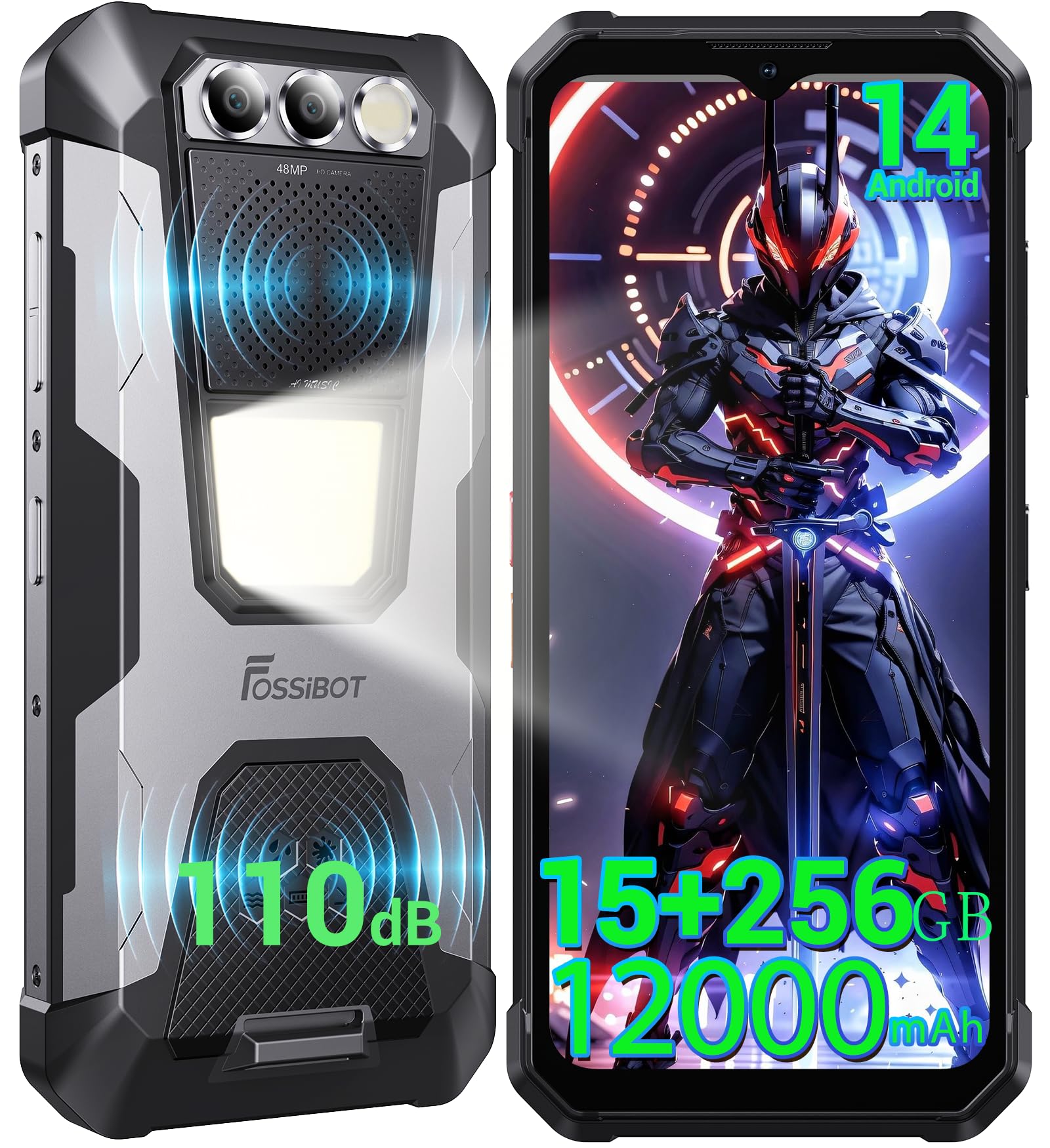 FOSSIBOT 2026 F106 PRO Rugged Cell Phone,15GB + 256GB Rugged Phone Unlocked,12000mAh Battery 48MP Night Vision Smartphone, Android 14 Phone, 110dB / Camp Light /4G / Dual SIM/NFC Waterproof Phone,Grey | Amazon Logistics