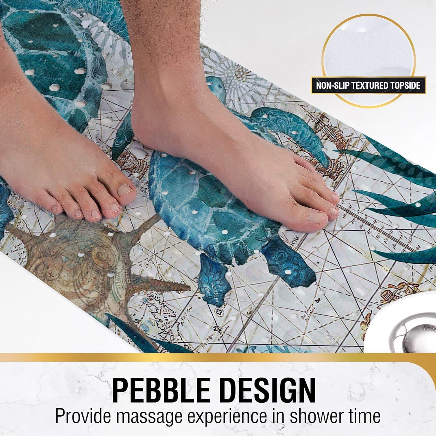 Blue Bathtub Mat Non Slip, 40x16 inch Bath and Shower Safety Mats, Vintage Sea Turtle Tub Mat for Bathroom, Tub Shower Mat with Drain Holes and Suction Cups - Image 5