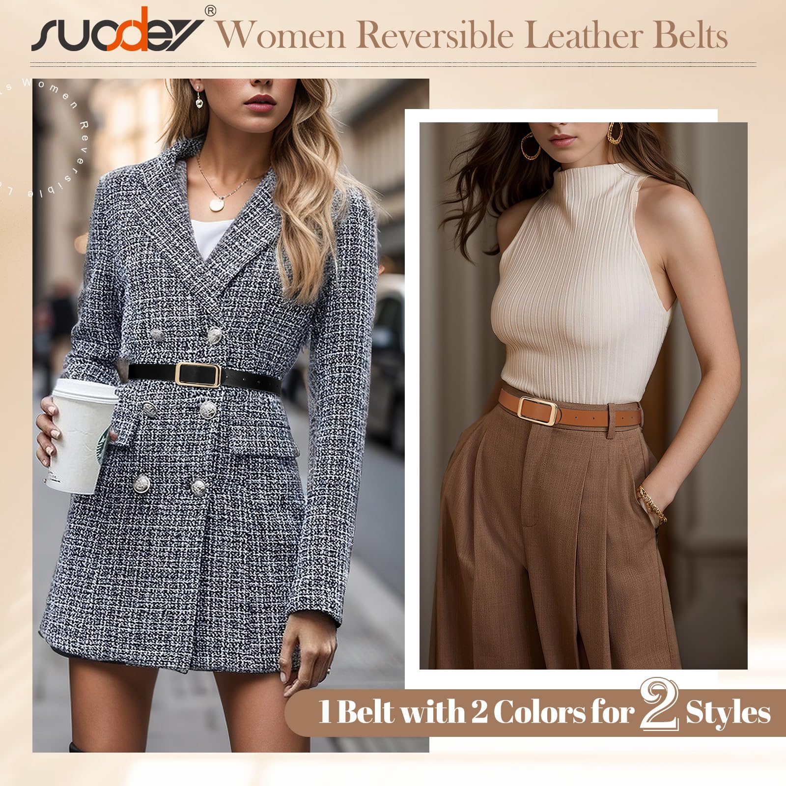 SUOSDEY Women Reversible Leather Belts for Jeans Pants Dresses Ladies Fashion Belts with Gold Buckle
