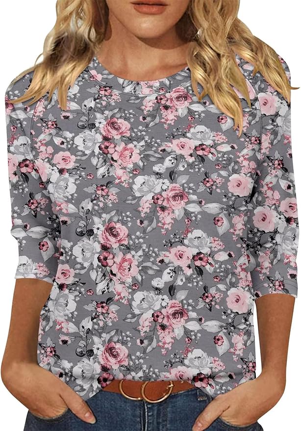 KISSMODA Tunic Tops for Women Loose Fit Dressy Round Neck Pleated 3/4 Length Sleeve Spring Tops